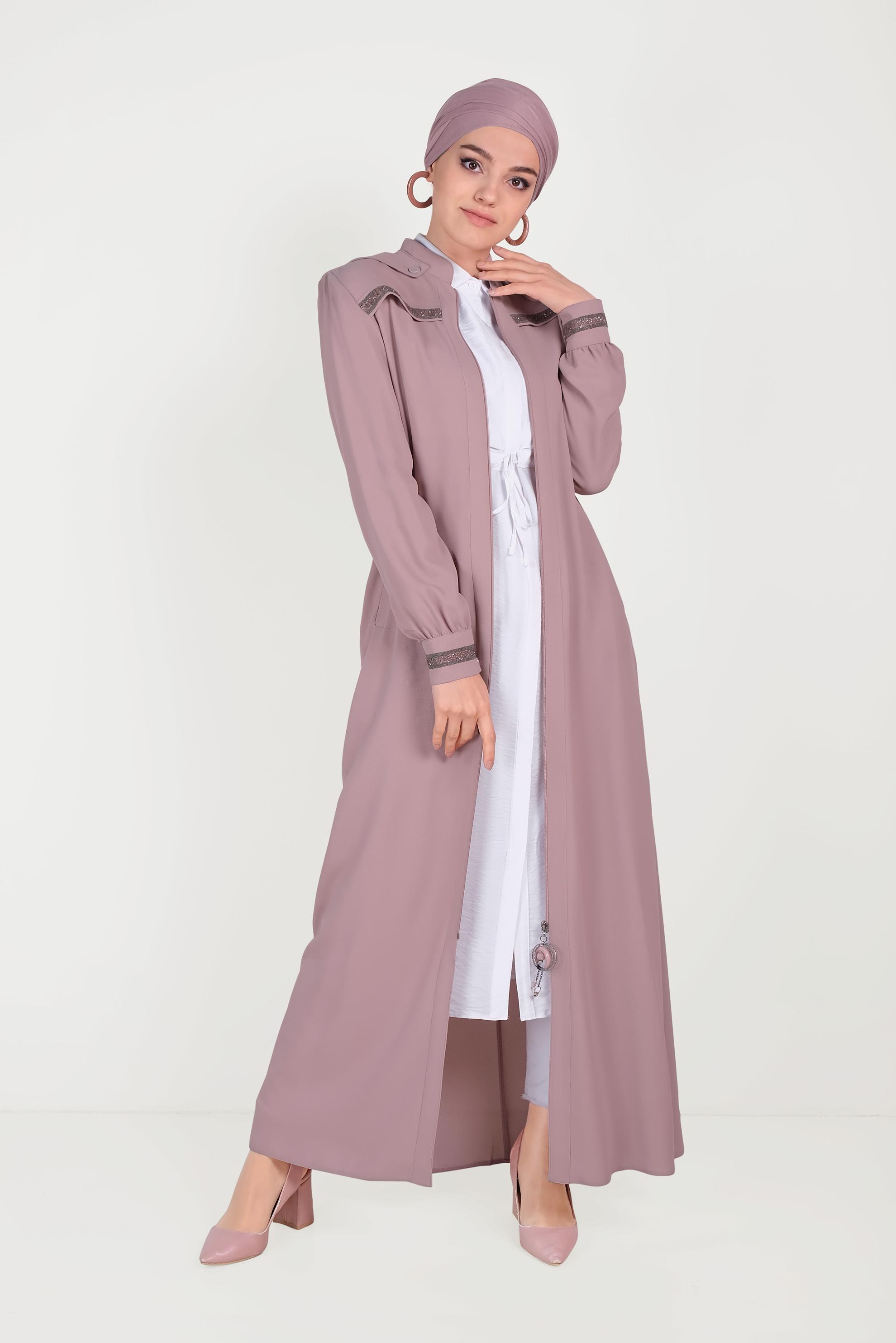 Tesettür giyim PUDRA HAKİM YAKA KOLLARI TAŞLI PARDESÜ 10205