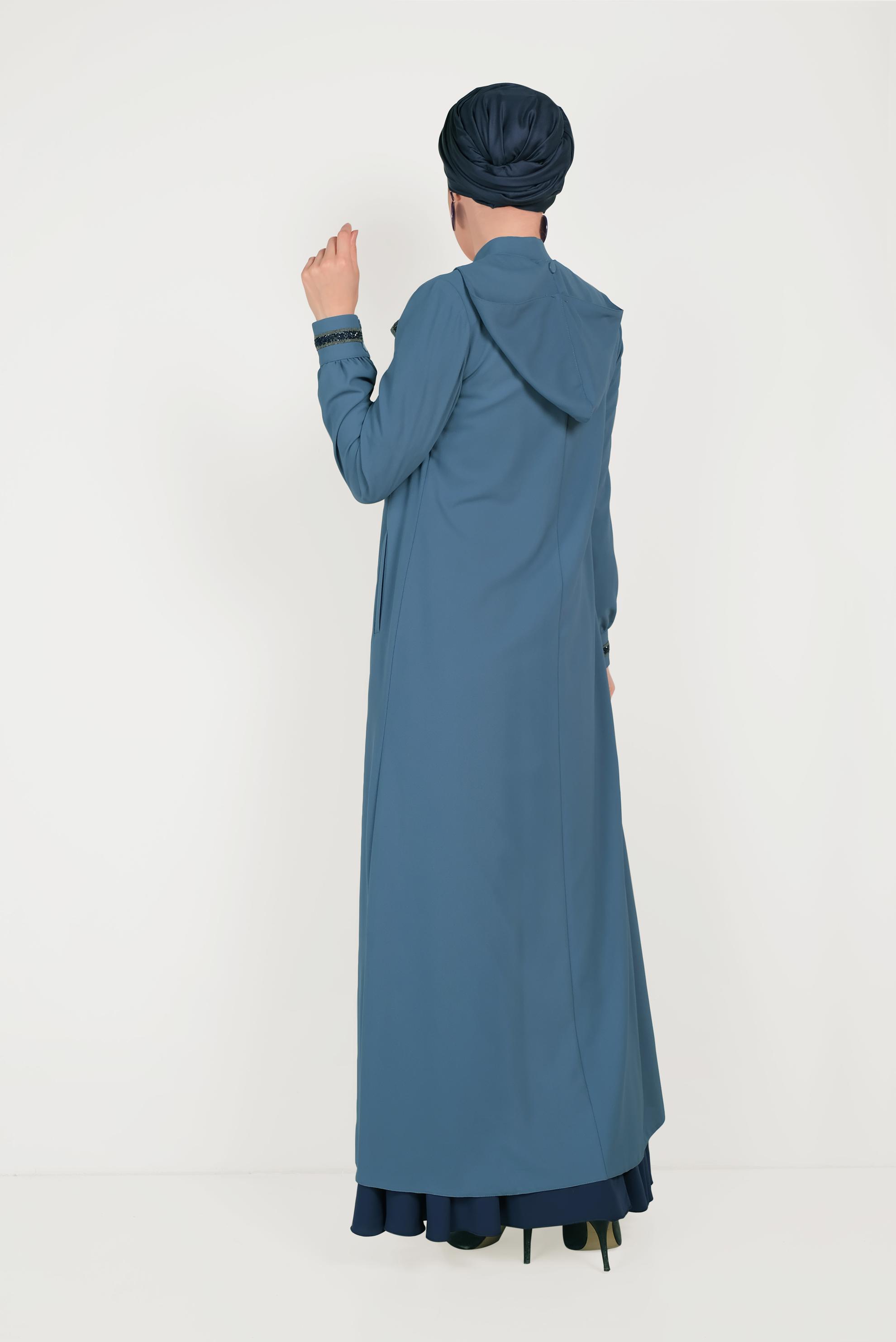 Tesettür giyim MAVİ HAKİM YAKA KOLLARI TAŞLI PARDESÜ 10205
