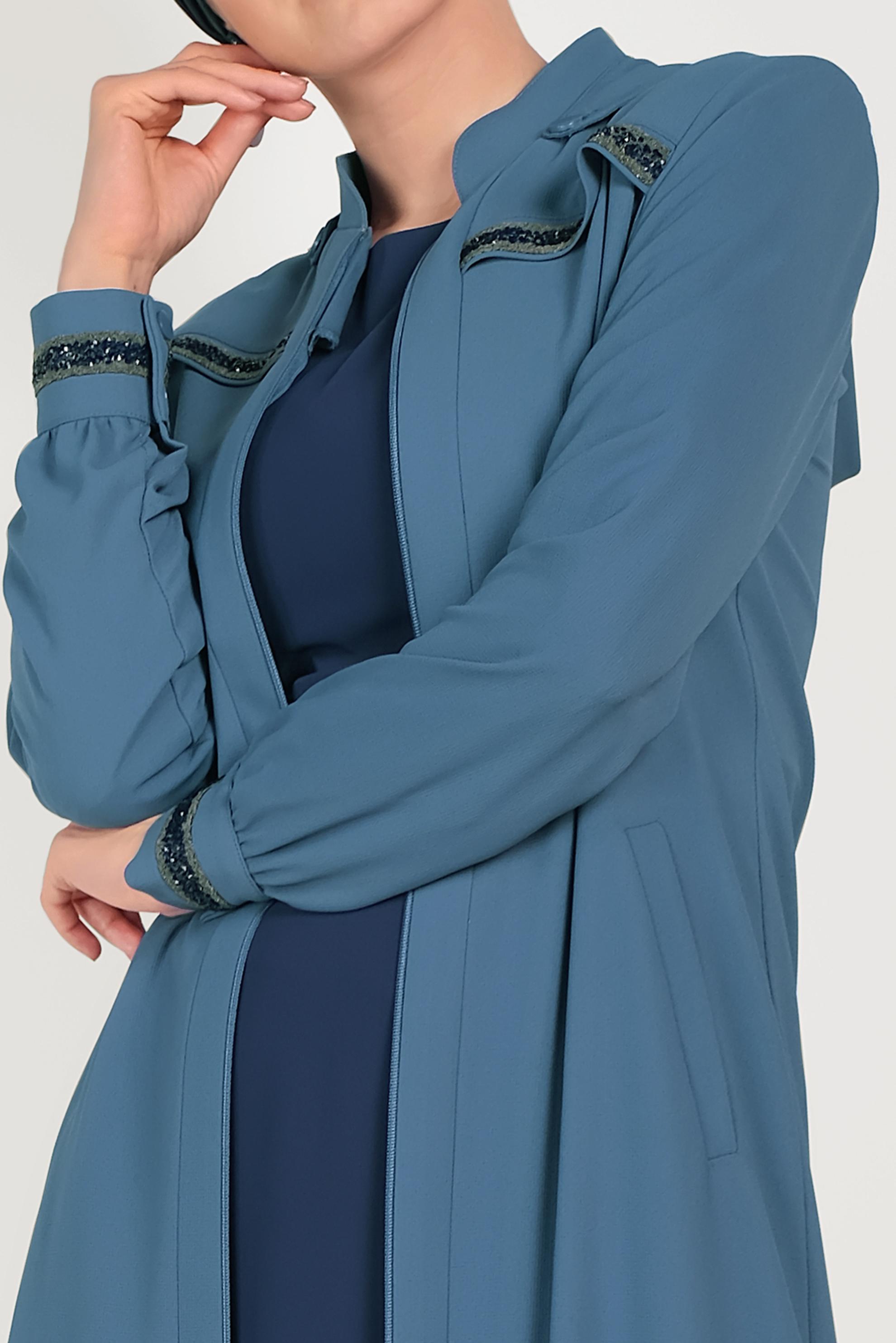 Tesettür giyim MAVİ HAKİM YAKA KOLLARI TAŞLI PARDESÜ 10205