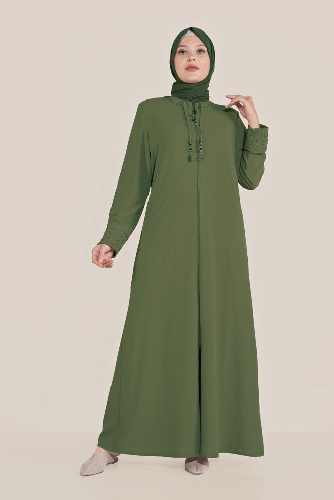 Hijab clothing KHAKI BEAD DETAILED OVERCOAT 10209 - ALVİNA
