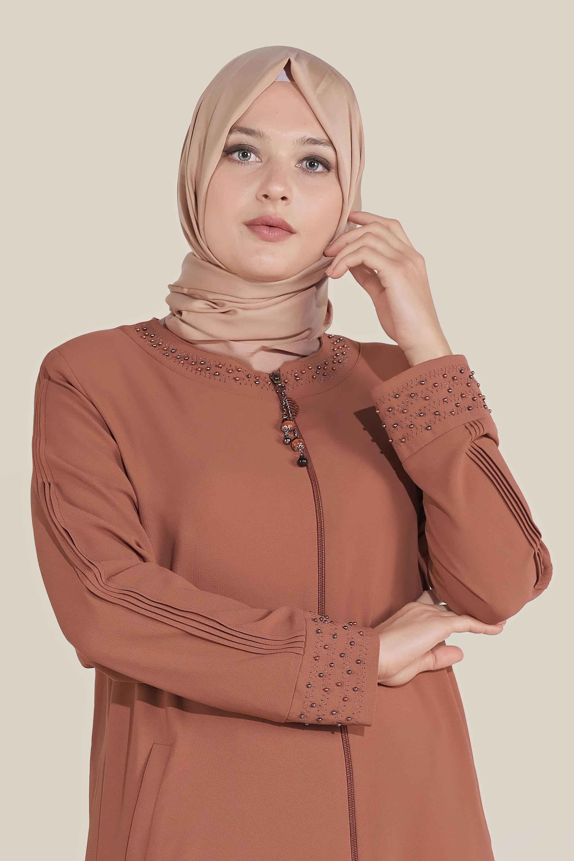 Hijab clothing ORANGE BEAD DETAILED OVERCOAT 10209