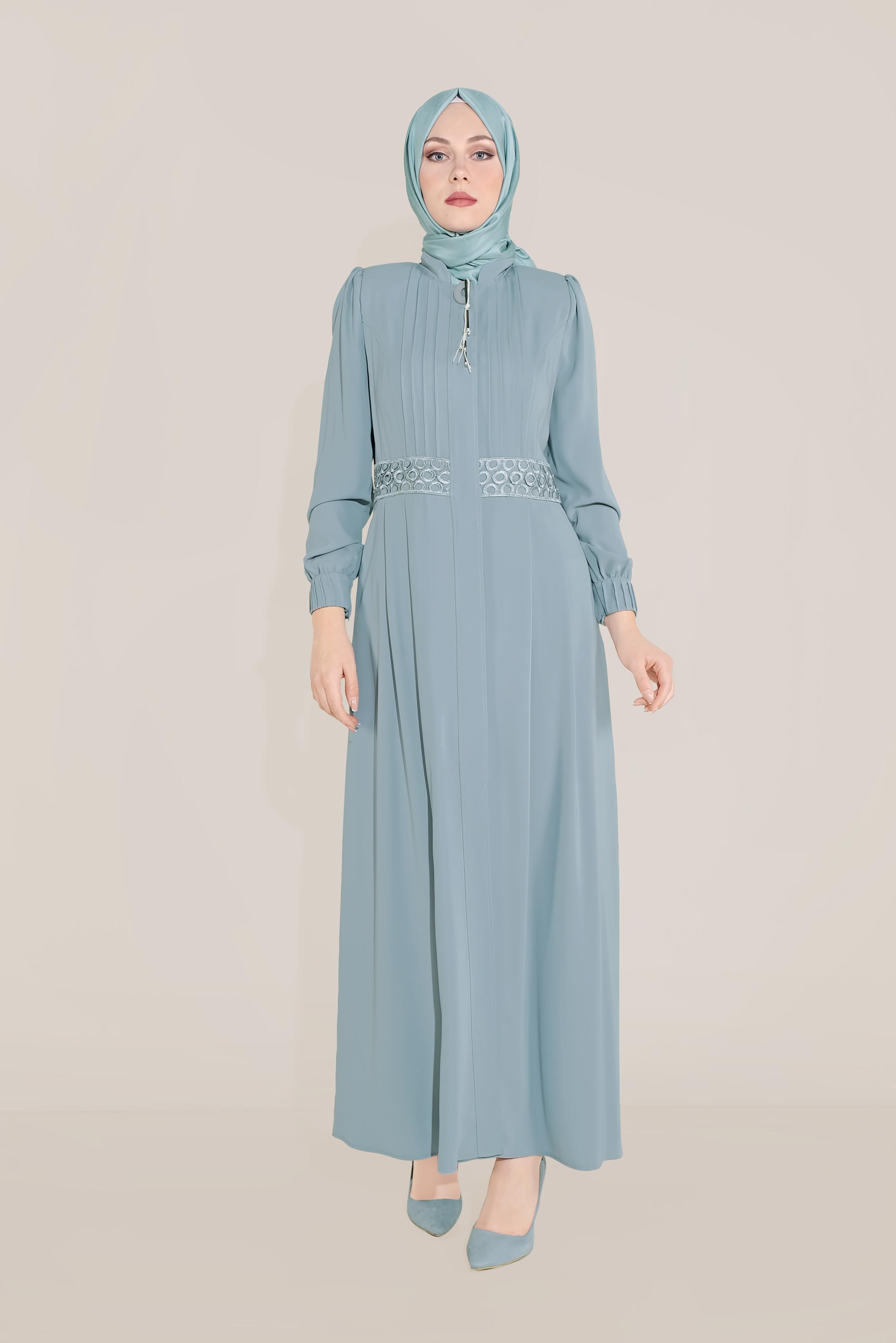 Tesettür giyim MAVİ BELİ İŞLEMELİ PARDESÜ 10215