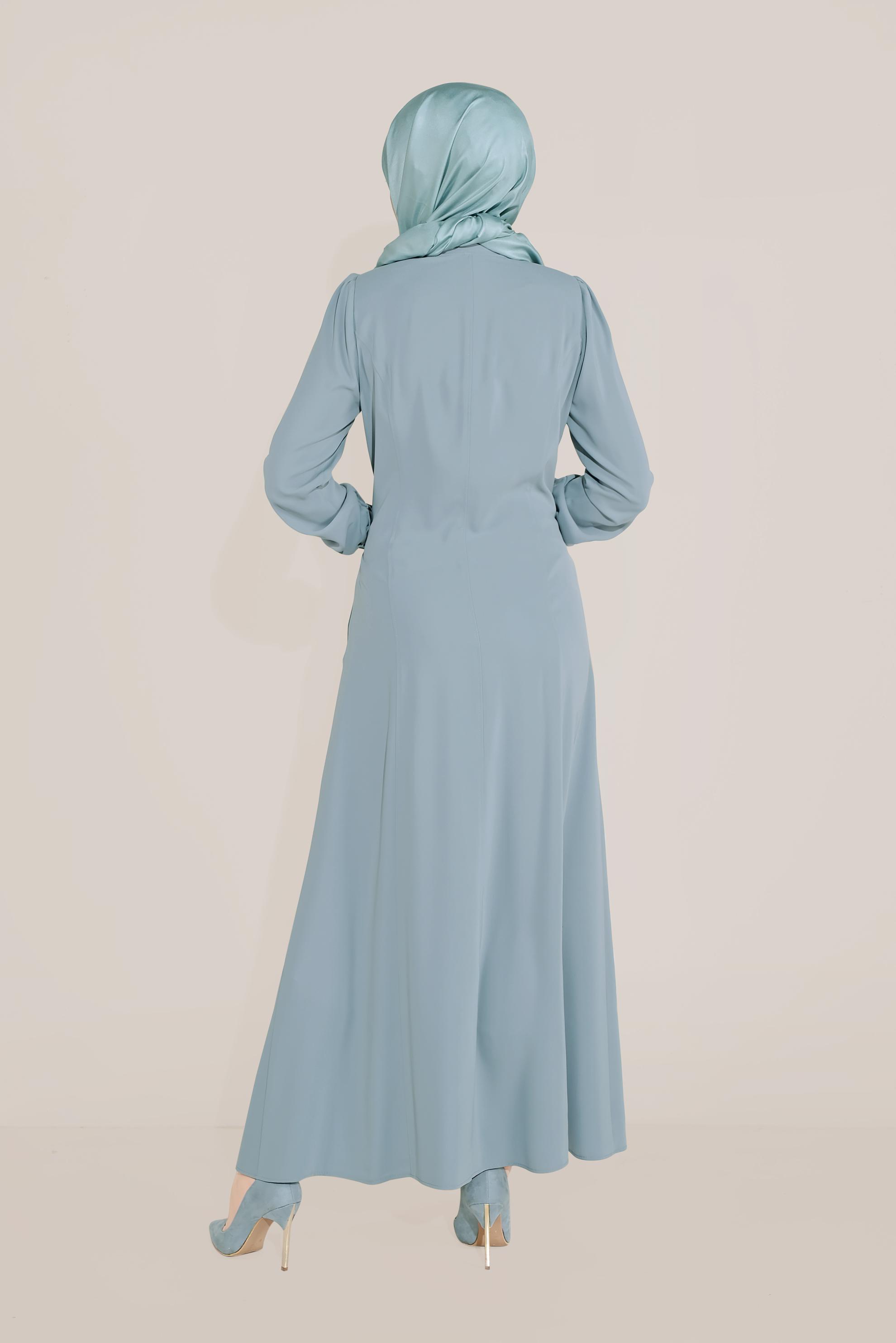 Tesettür giyim MAVİ BELİ İŞLEMELİ PARDESÜ 10215