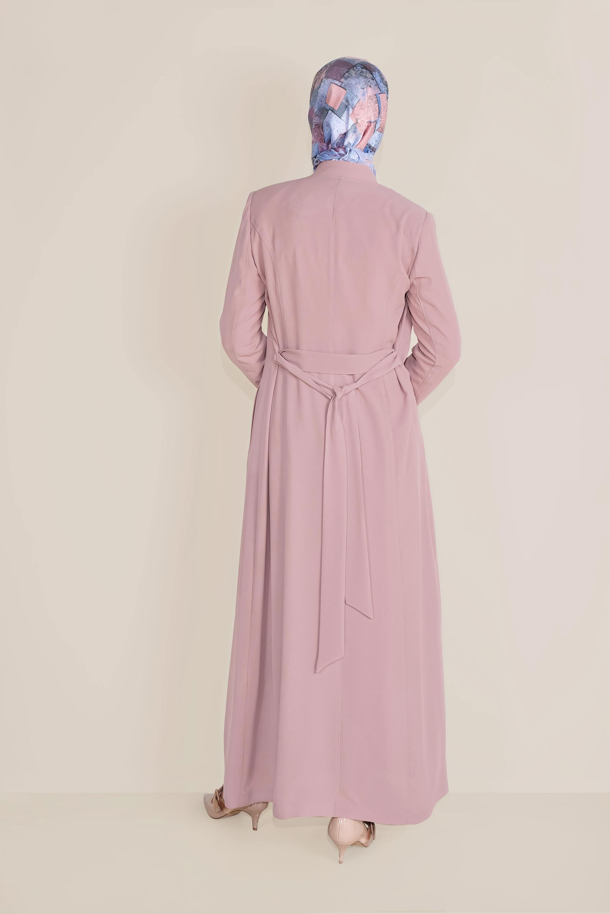 Tesettür giyim PUDRA GÜPÜR DETAYLI BELİ KUŞAKLI PARDESÜ 10216