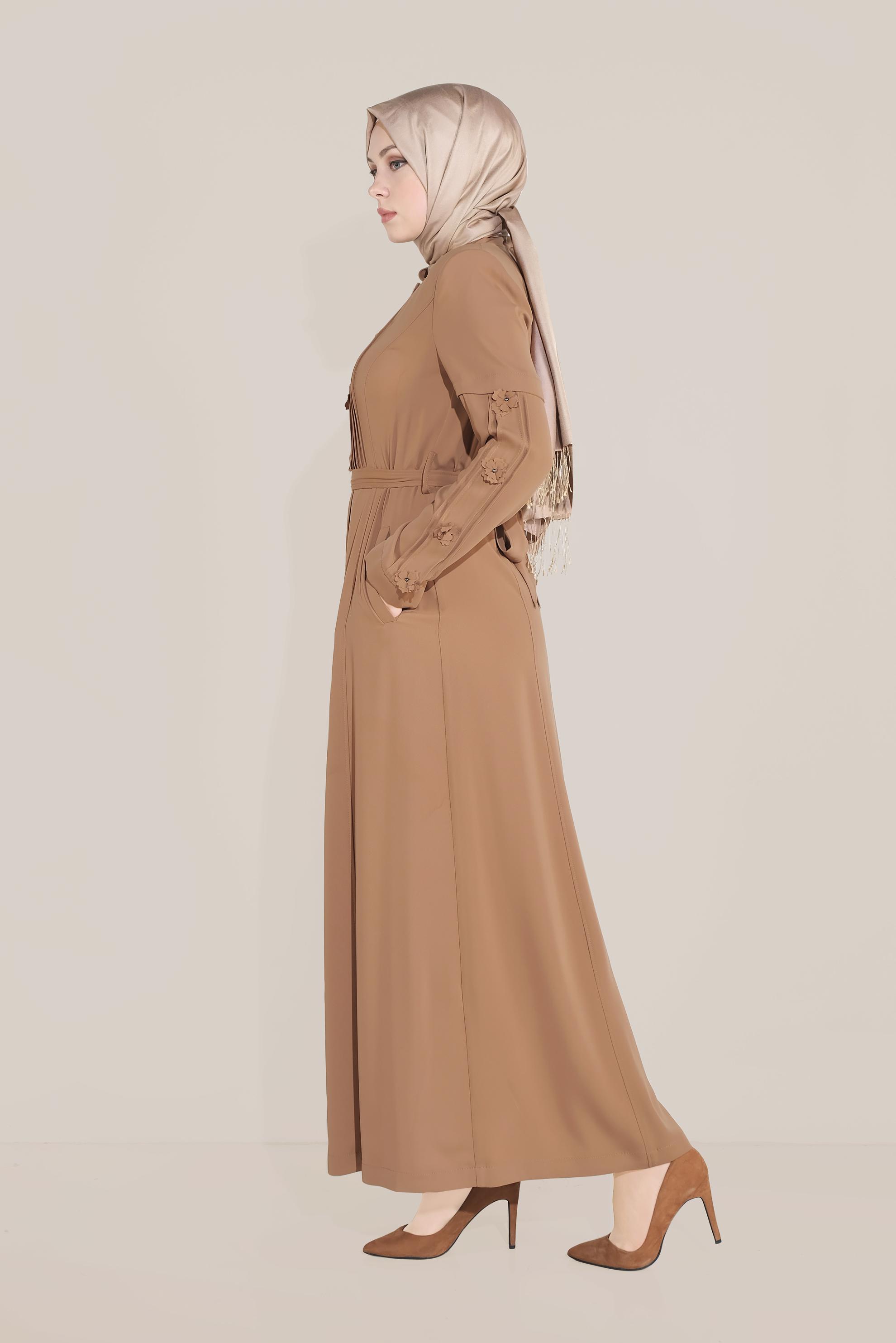 Tesettür giyim TABA HAKİM YAKA PARDESÜ 10218