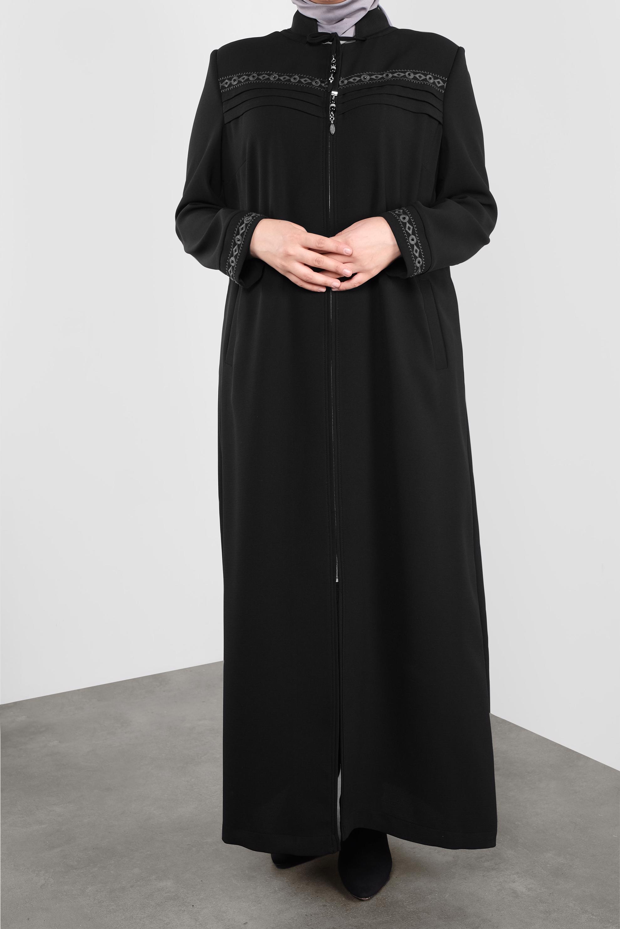Hijab clothing BLACK EMBROIDERED ZIPPED TOPCOAT 10221 