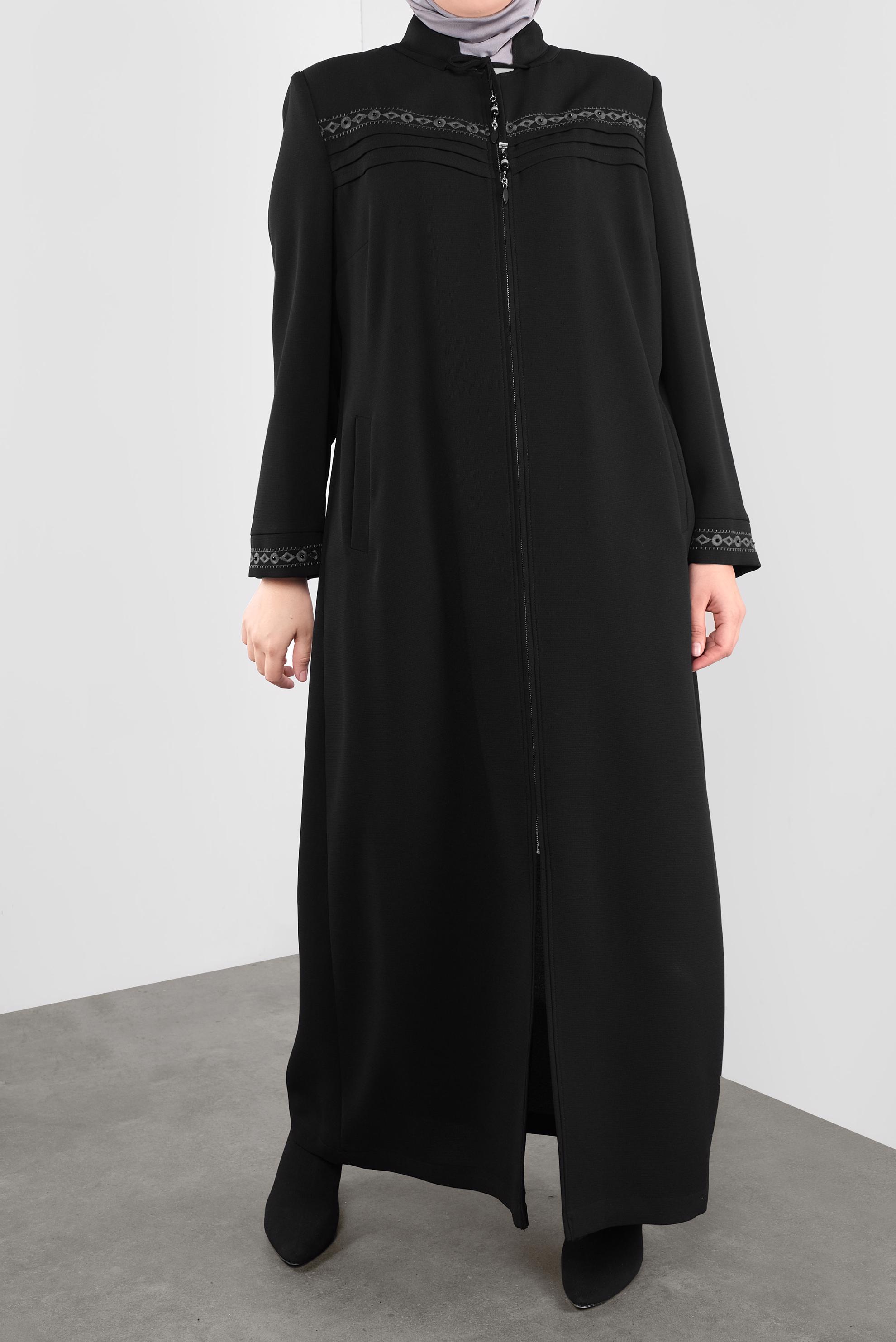 Hijab clothing BLACK EMBROIDERED ZIPPED TOPCOAT 10221 