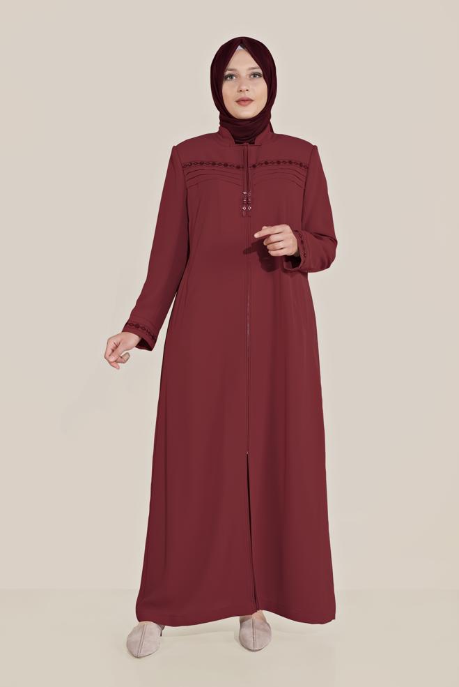 Hijab-Kleidung BURGUND LANGMANTEL MIT REIßVERSCHLUSS 10221 - ALVİNA