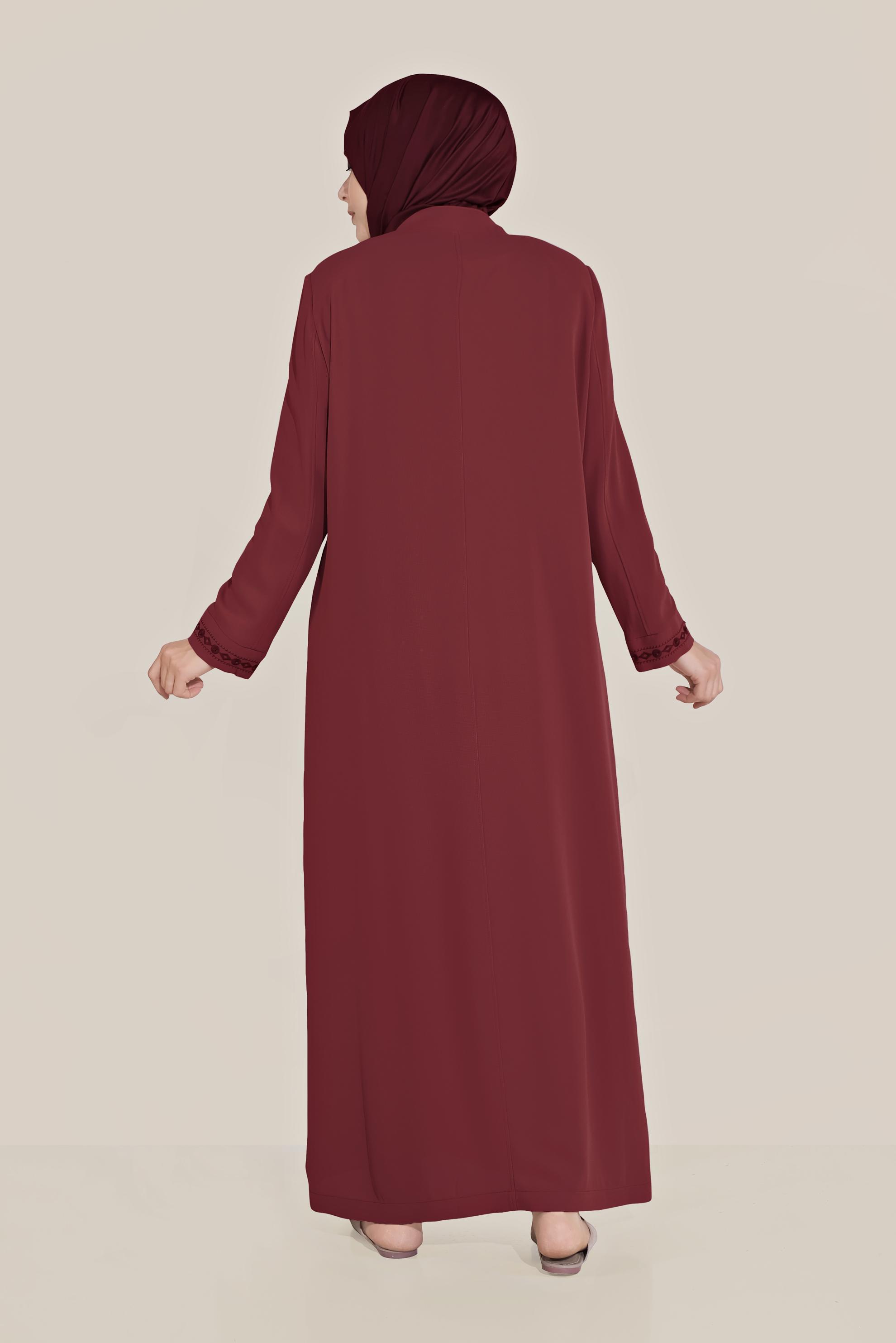 Hijab clothing CLARET RED EMBROIDERED ZIPPED TOPCOAT 10221 