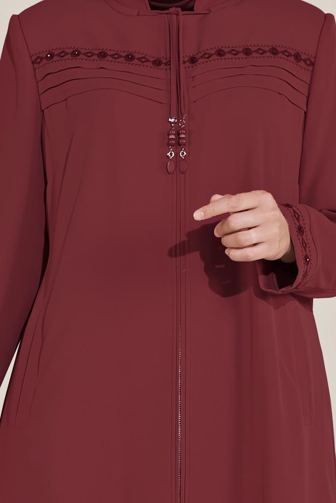 Hijab-Kleidung BURGUND LANGMANTEL MIT REIßVERSCHLUSS 10221 - ALVİNA