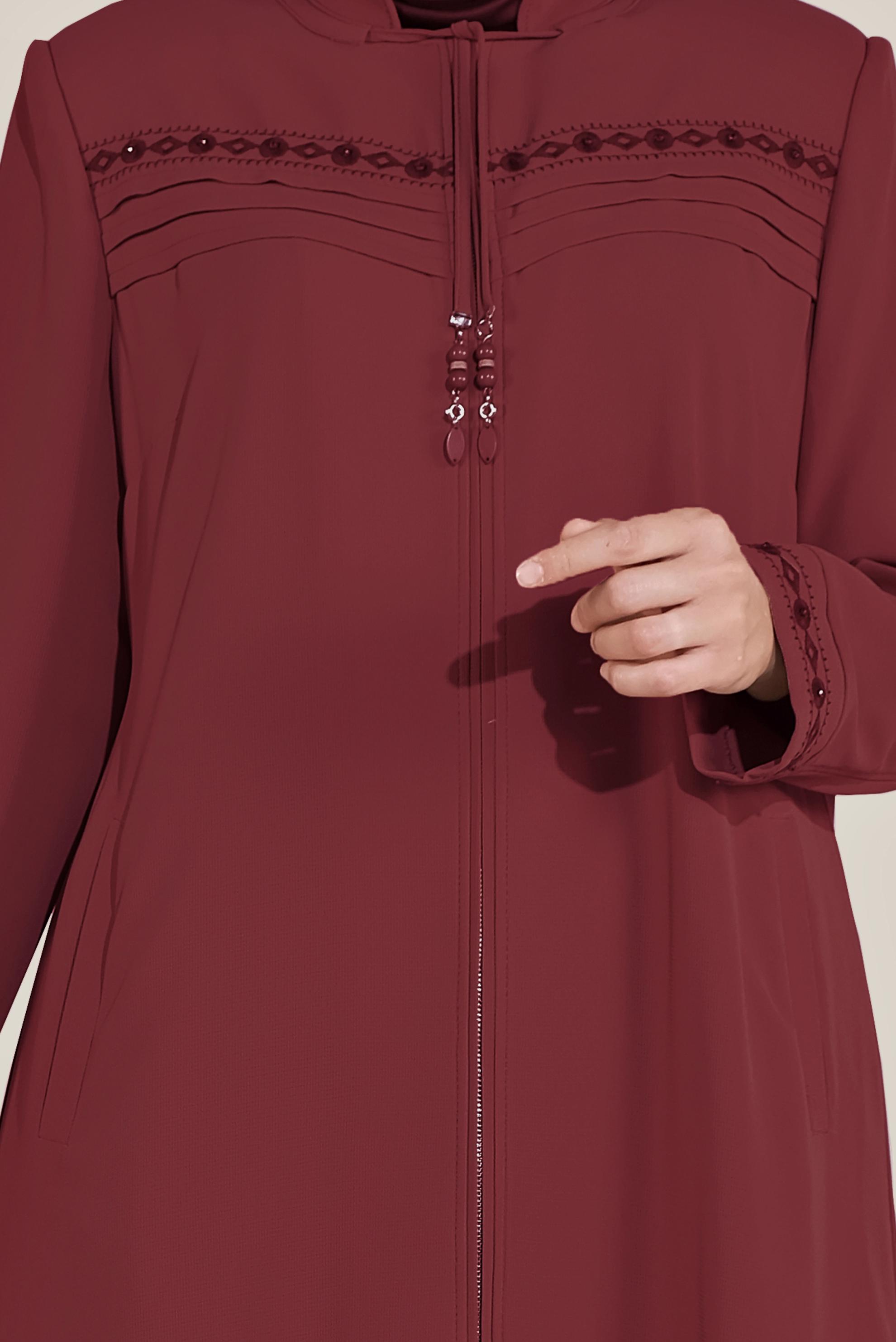 Hijab clothing CLARET RED EMBROIDERED ZIPPED TOPCOAT 10221 