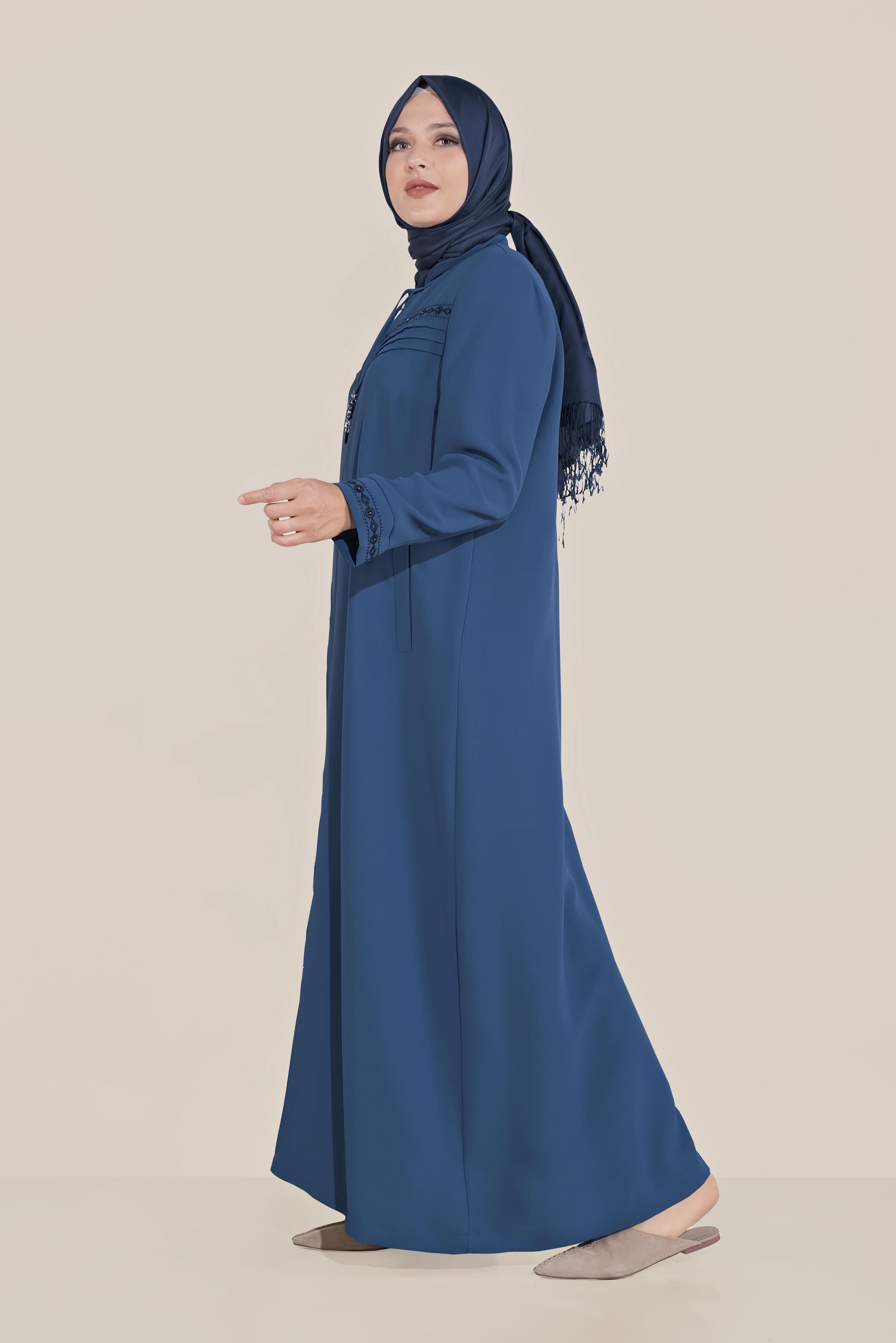 Hijab clothing NAVY BLUE EMBROIDERED ZIPPED TOPCOAT 10221 