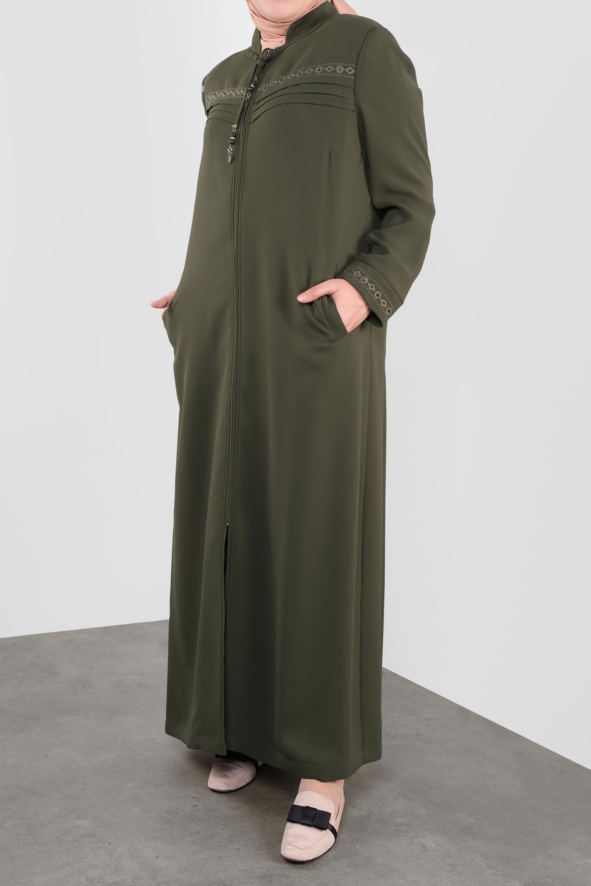 Hijab clothing KHAKI EMBROIDERED ZIPPED TOPCOAT 10221 