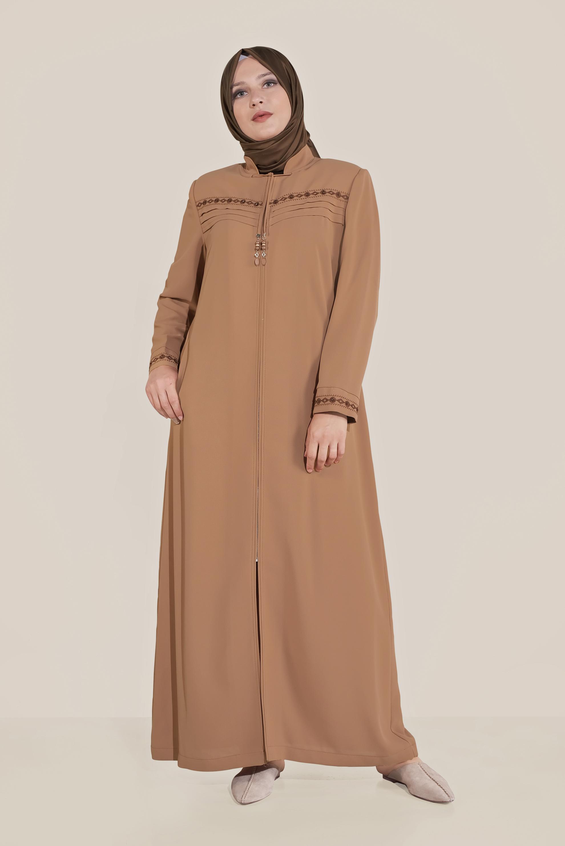 Hijab clothing BROWN EMBROIDERED ZIPPED TOPCOAT 10221 