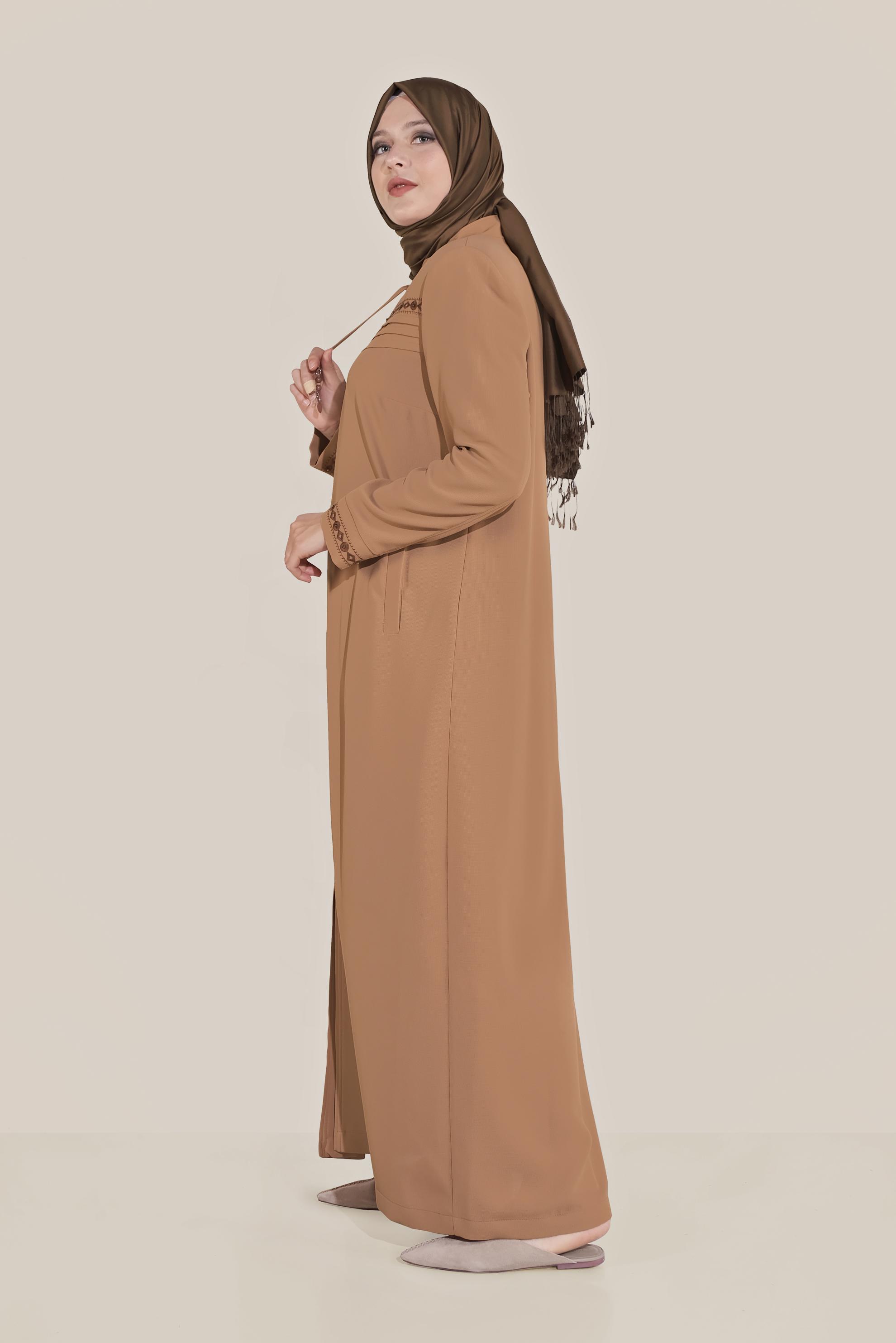 Hijab clothing BROWN EMBROIDERED ZIPPED TOPCOAT 10221 
