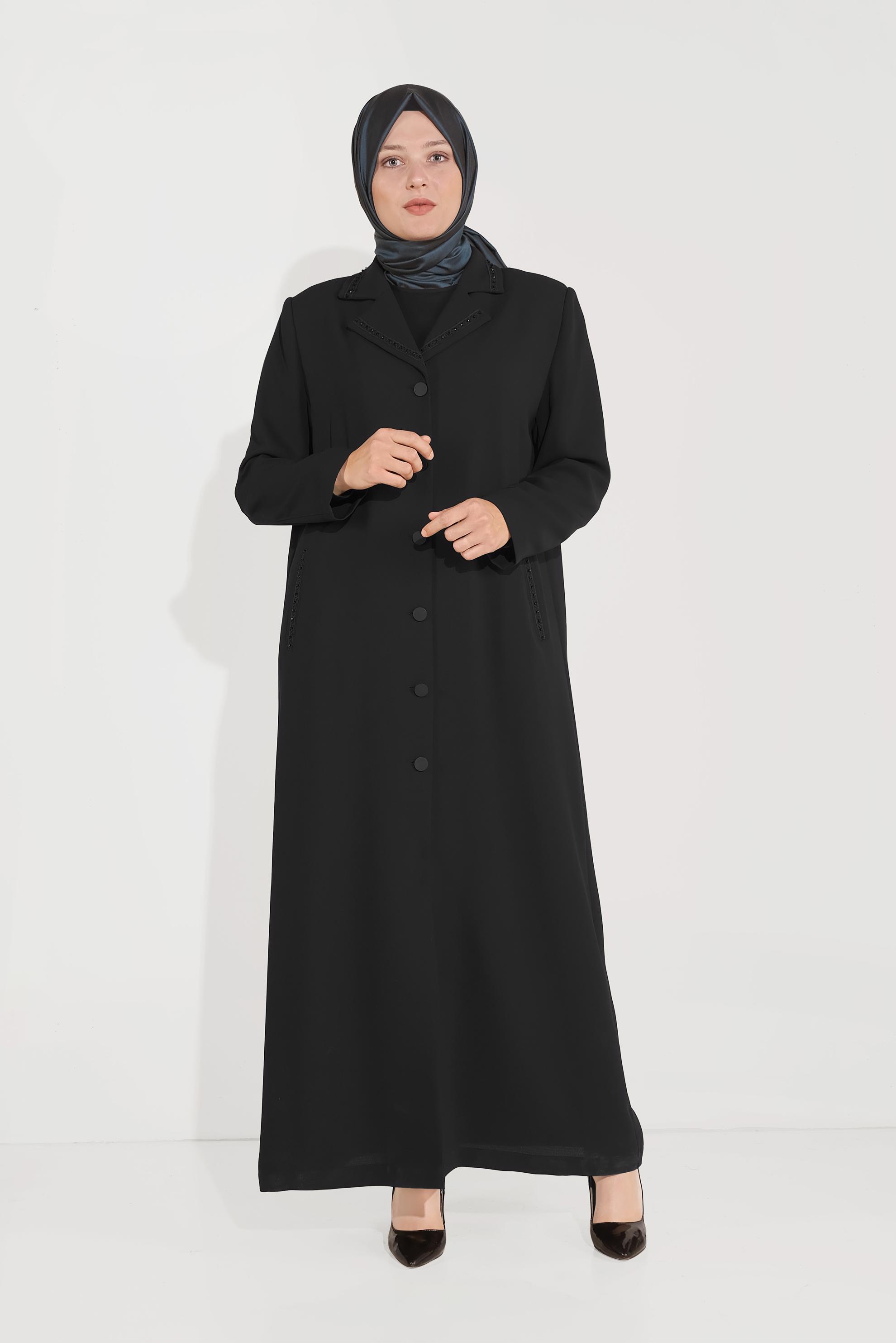 Hijab clothing BLACK EMBELLISHED BUTTON-TRIMMED TOPCOAT 10222