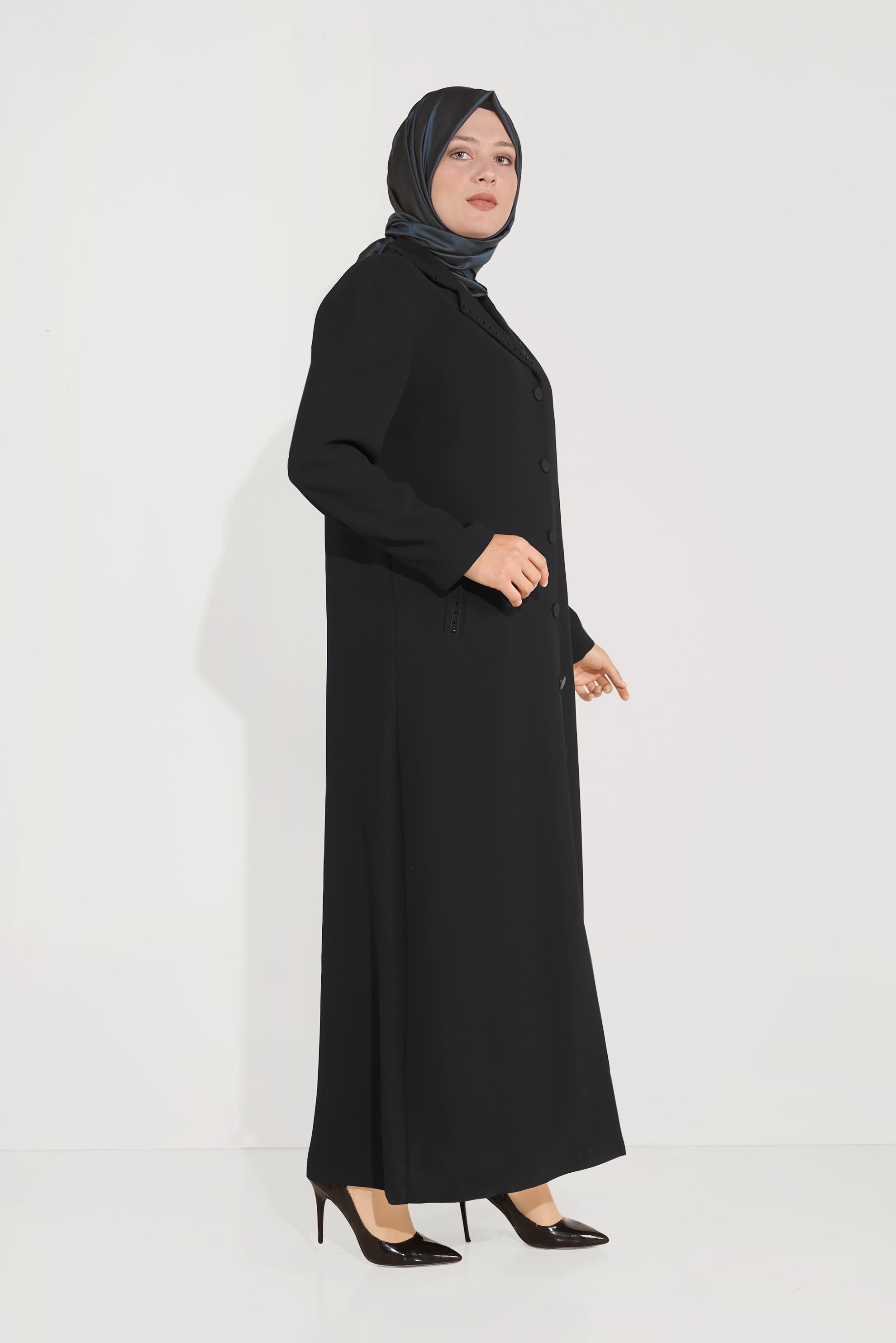 Hijab clothing BLACK EMBELLISHED BUTTON-TRIMMED TOPCOAT 10222