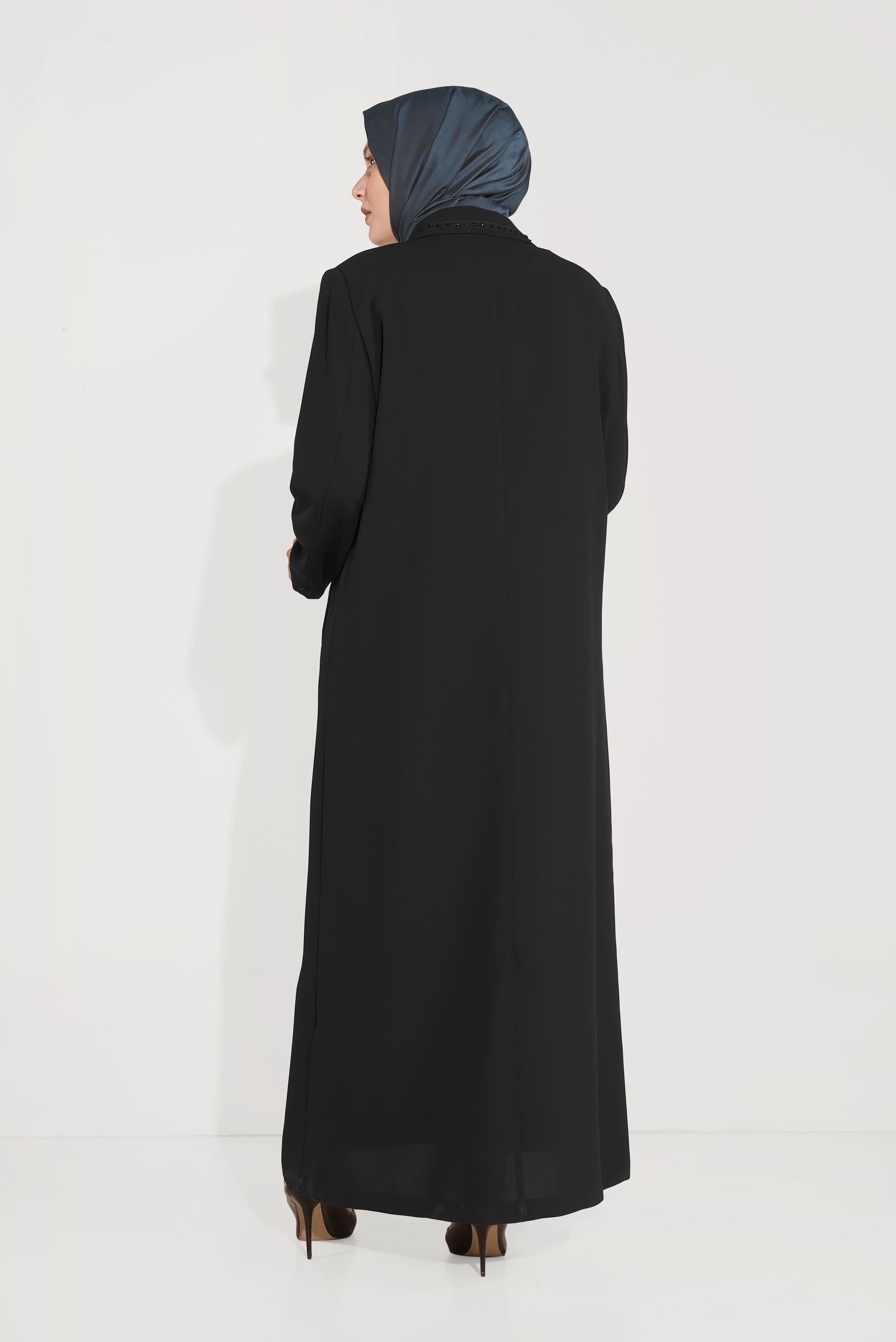 Hijab clothing BLACK EMBELLISHED BUTTON-TRIMMED TOPCOAT 10222