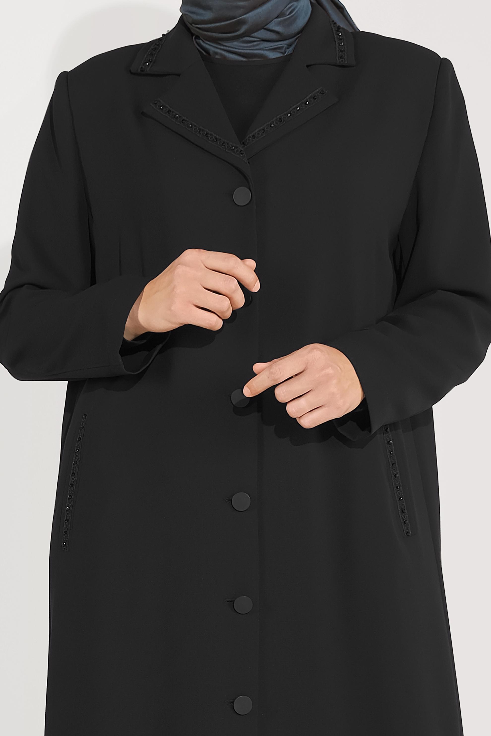 Hijab clothing BLACK EMBELLISHED BUTTON-TRIMMED TOPCOAT 10222