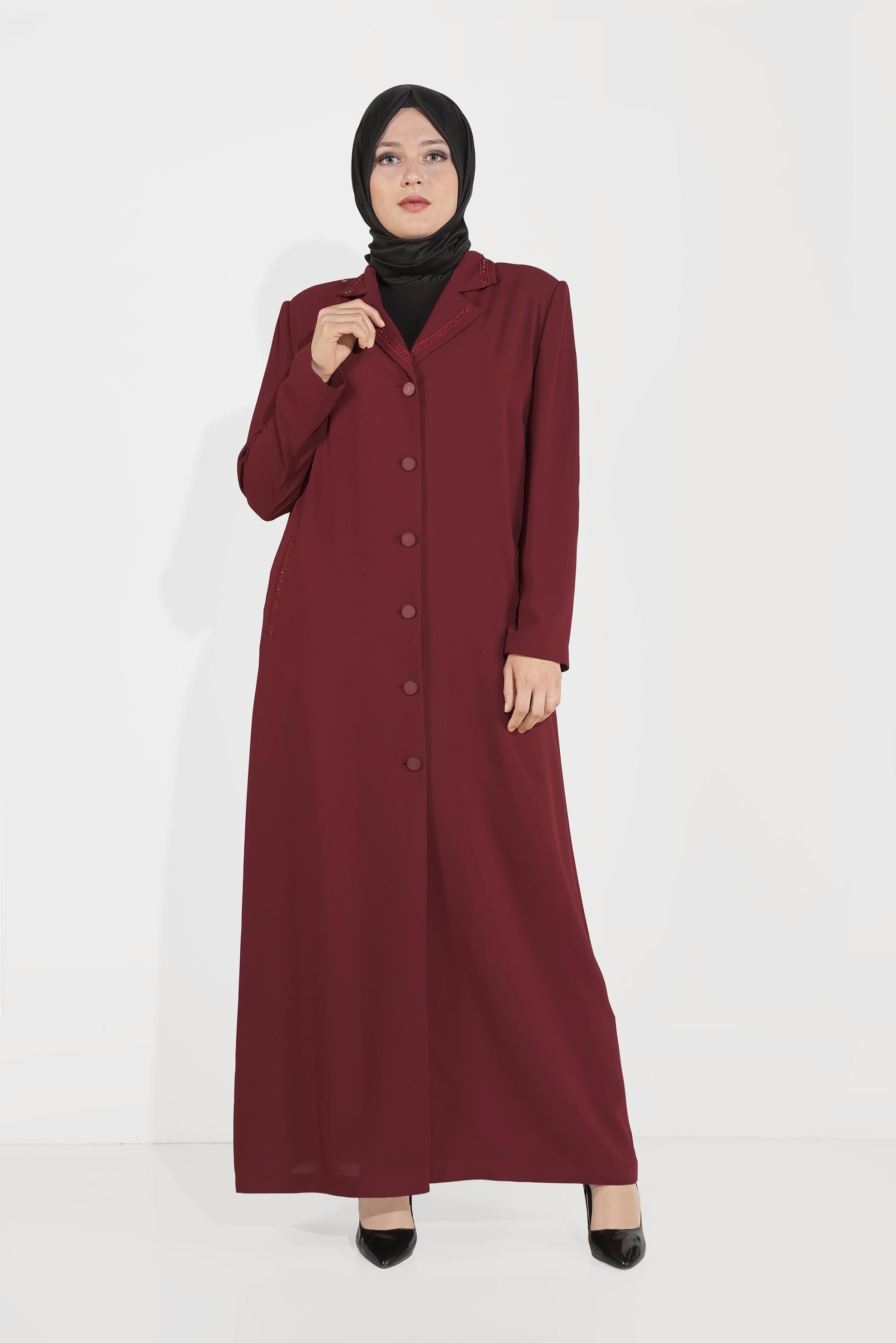 Vêtements hijab ROUGE BORDEAUX PARDESSUS À BOUTONNÉ À EMBELLI 10222