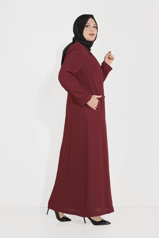 Vêtements hijab ROUGE BORDEAUX PARDESSUS À BOUTONNÉ À EMBELLI 10222 - ALVİNA