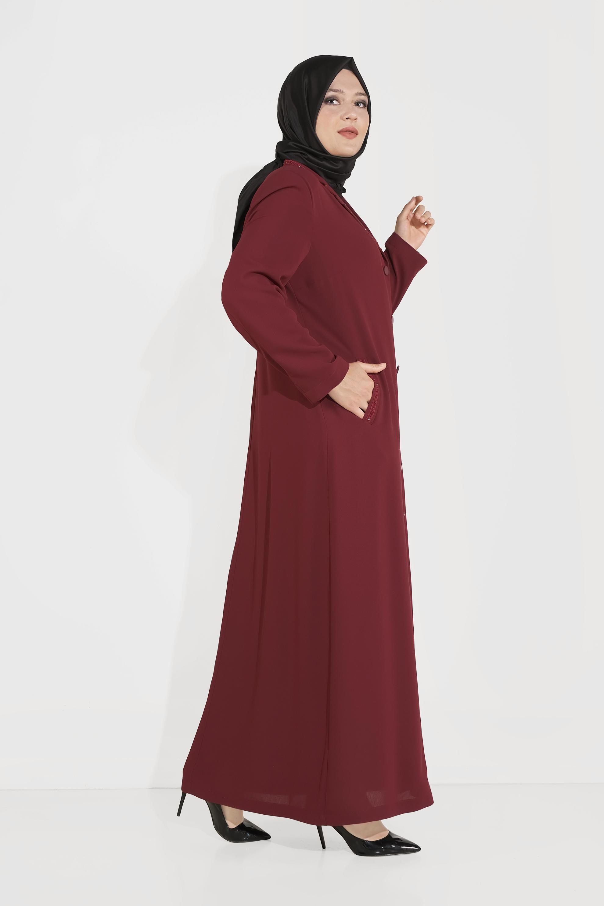 Vêtements hijab ROUGE BORDEAUX PARDESSUS À BOUTONNÉ À EMBELLI 10222