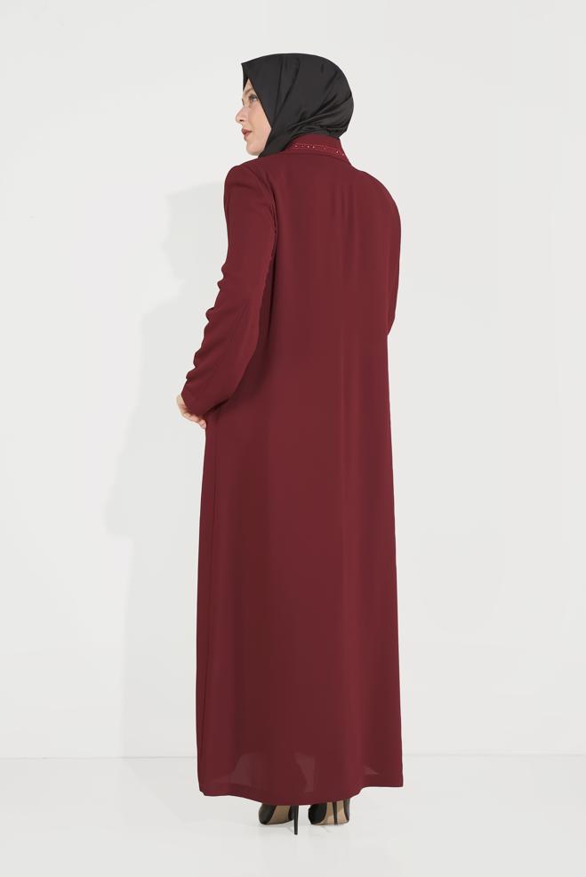 Vêtements hijab ROUGE BORDEAUX PARDESSUS À BOUTONNÉ À EMBELLI 10222 - ALVİNA