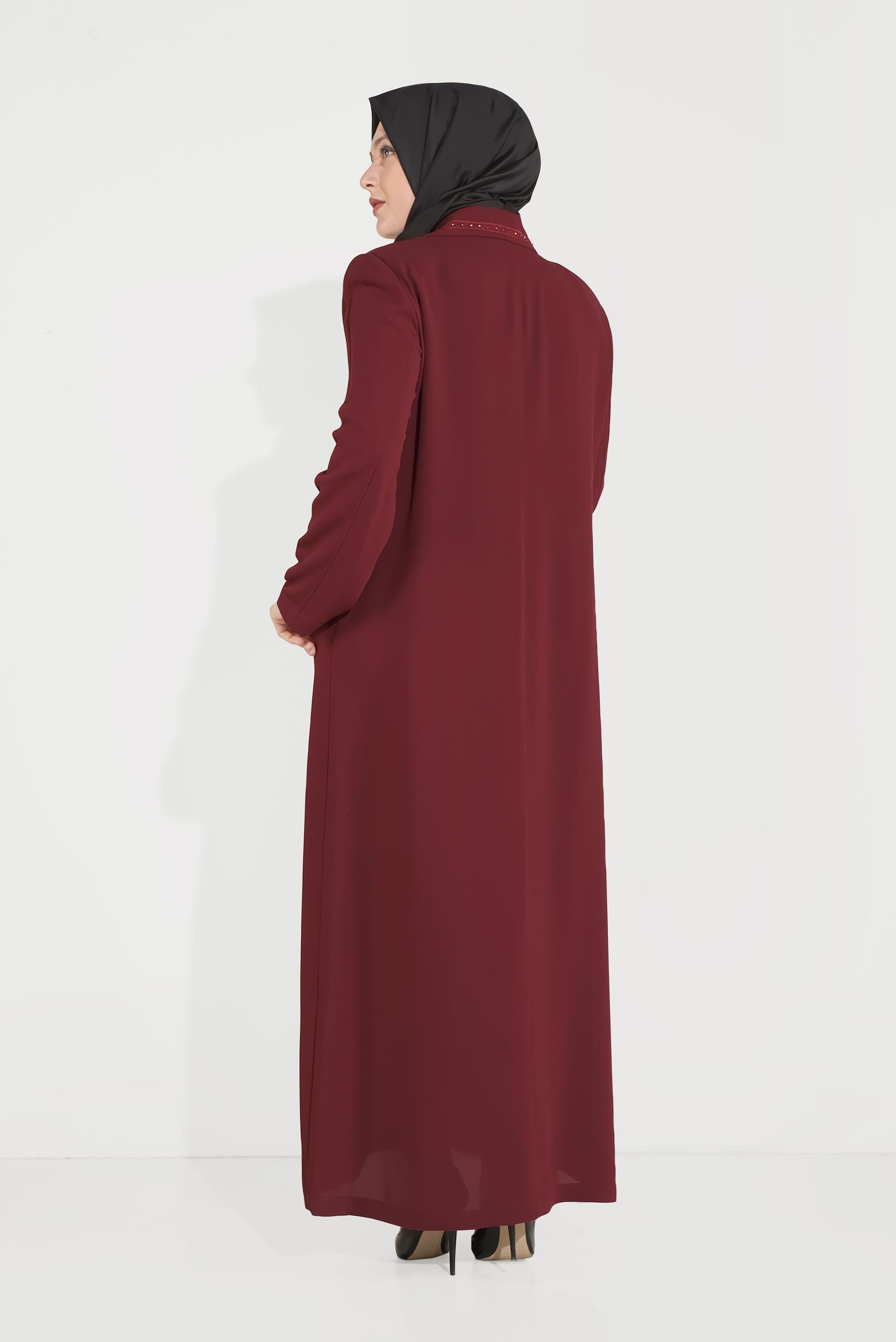 Vêtements hijab ROUGE BORDEAUX PARDESSUS À BOUTONNÉ À EMBELLI 10222