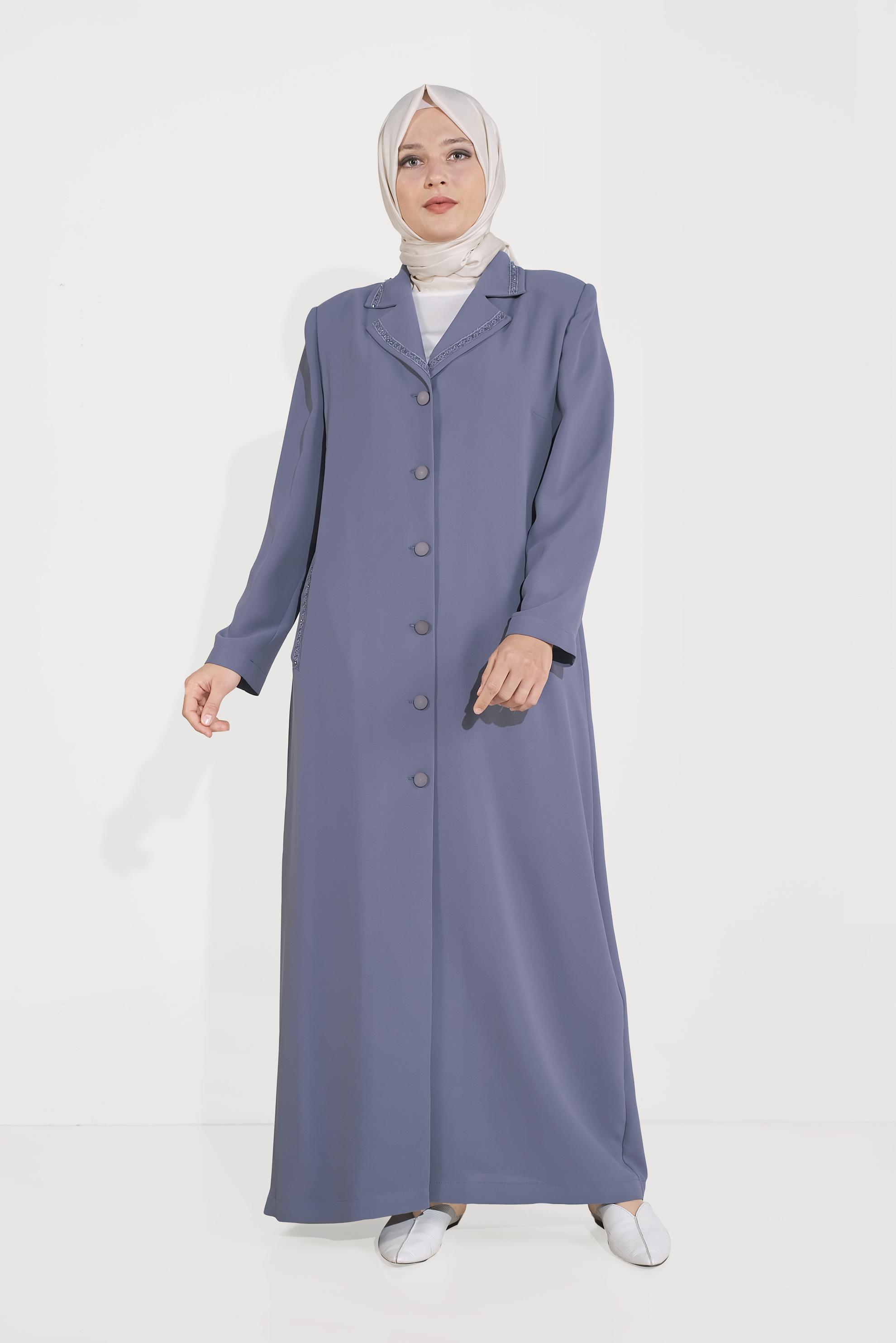 Hijab clothing GREY EMBELLISHED BUTTON-TRIMMED TOPCOAT 10222