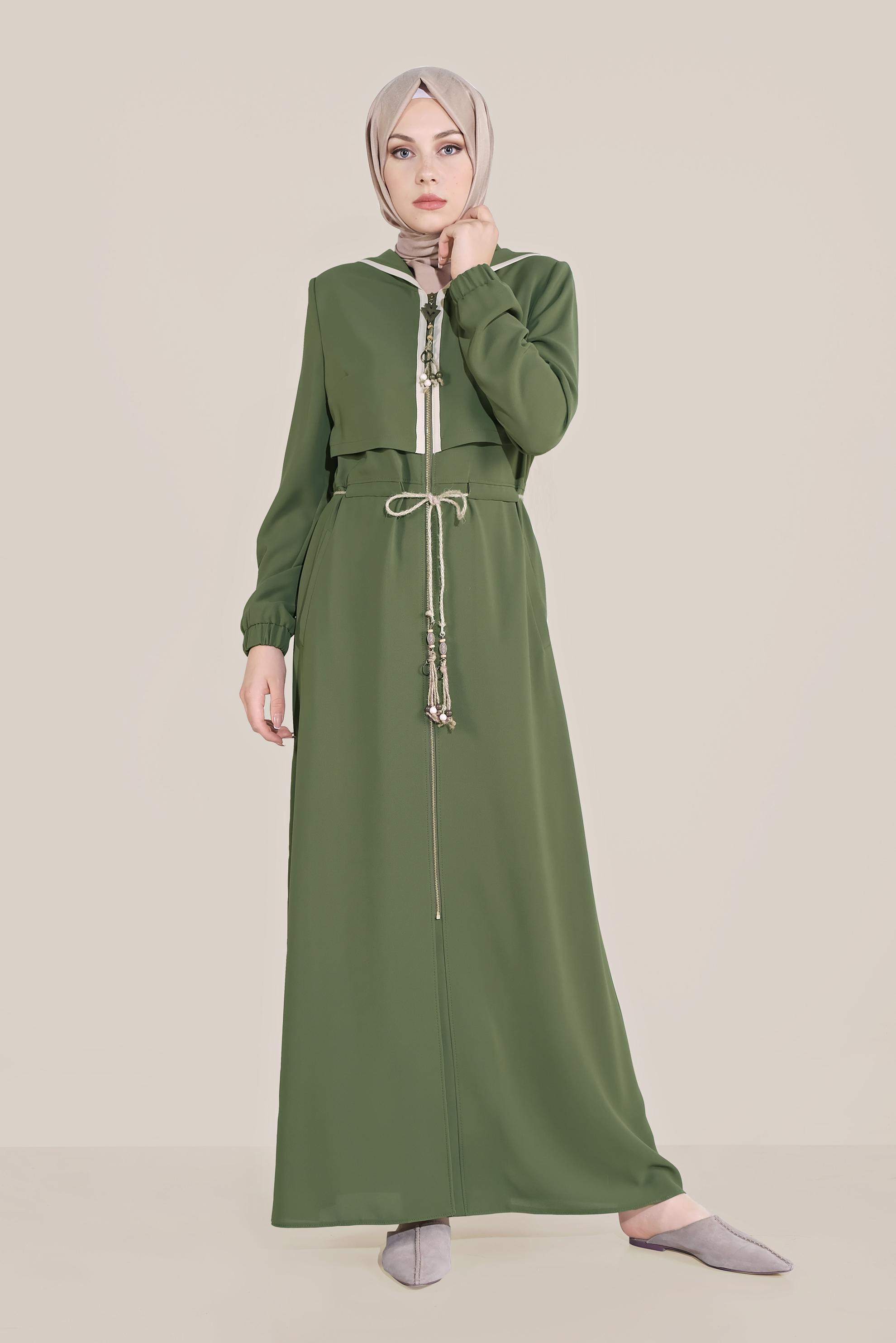 Tesettür giyim HAKİ BELDEN BAĞLAMALI FERMUARLI PARDESÜ 10224