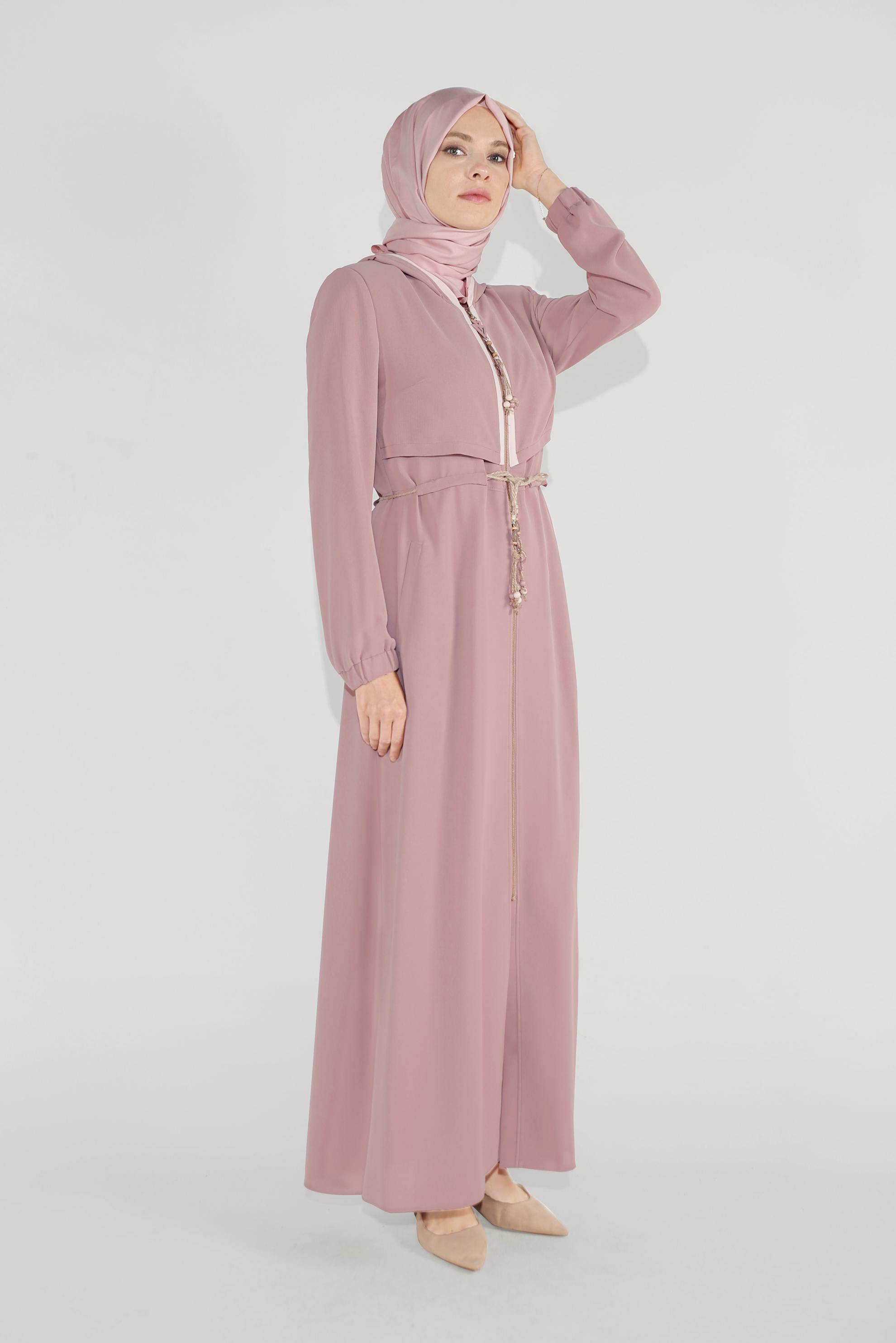 Tesettür giyim PUDRA BELDEN BAĞLAMALI FERMUARLI PARDESÜ 10224