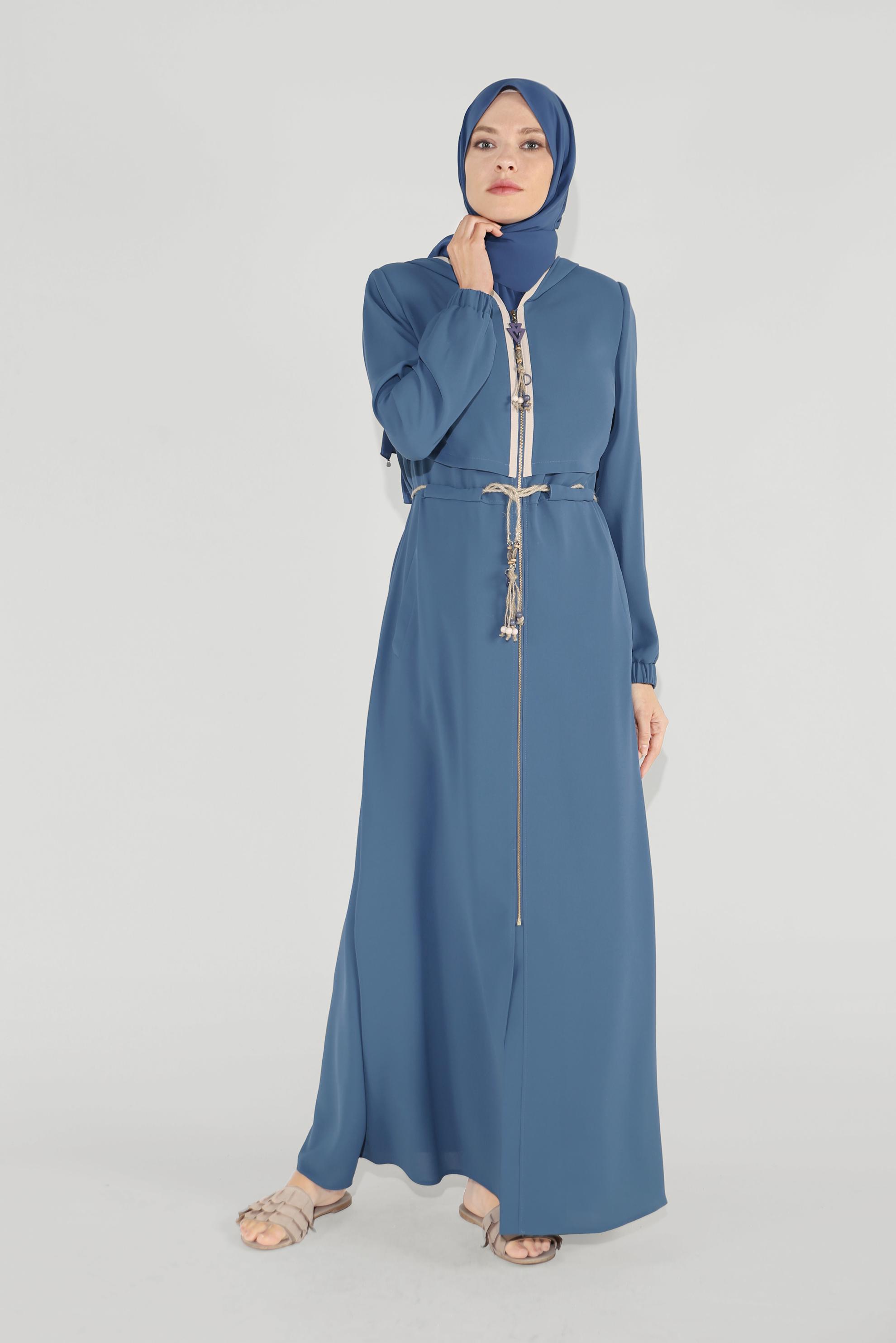 Tesettür giyim LACİVERT BELDEN BAĞLAMALI FERMUARLI PARDESÜ 10224