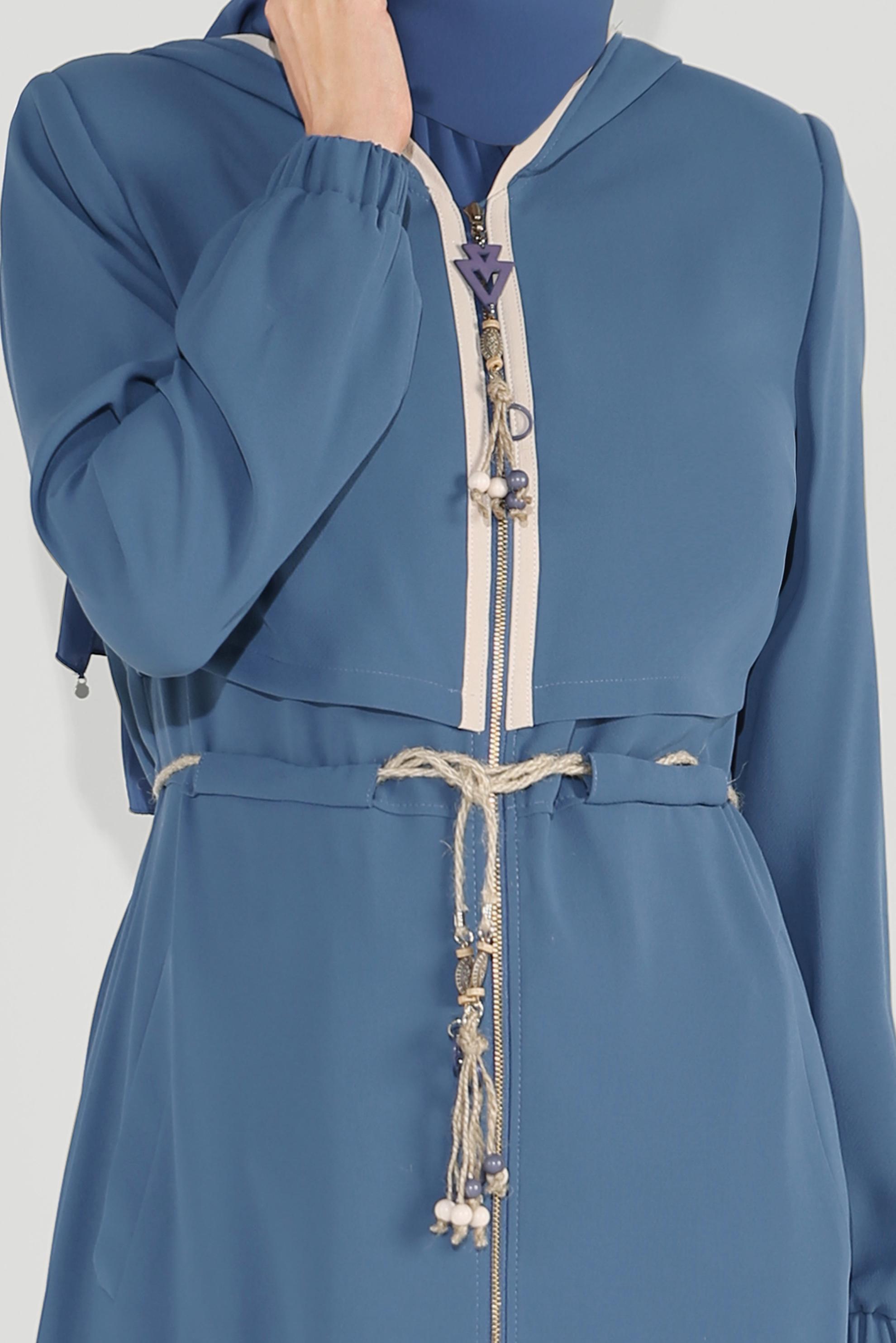 Tesettür giyim LACİVERT BELDEN BAĞLAMALI FERMUARLI PARDESÜ 10224