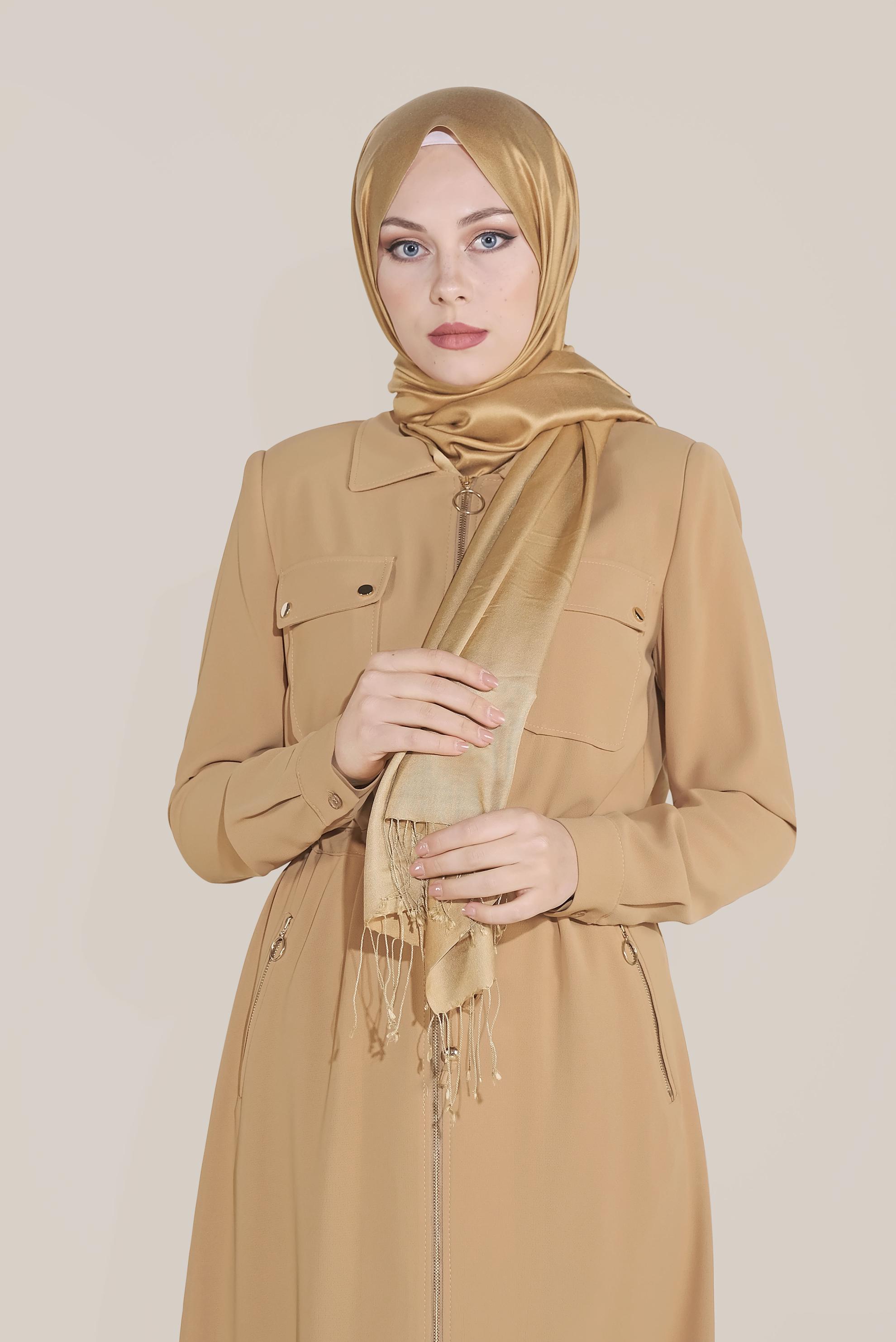 Tesettür giyim SARI CEPLERİ DÜĞME DETAYLI FERMUARLI PARDESÜ 10225