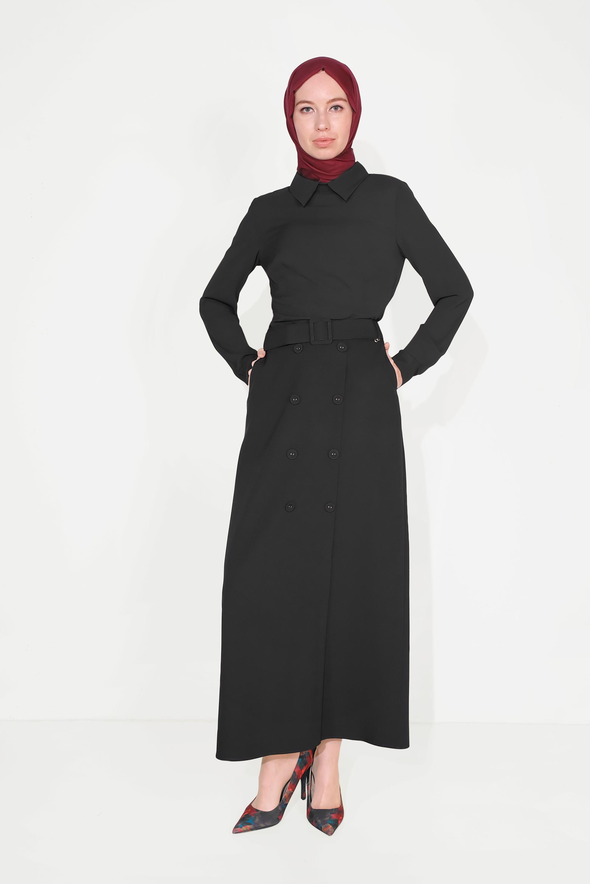 Tesettür giyim SİYAH DÜĞME DETAYLI CEPLİ ETEK 60090