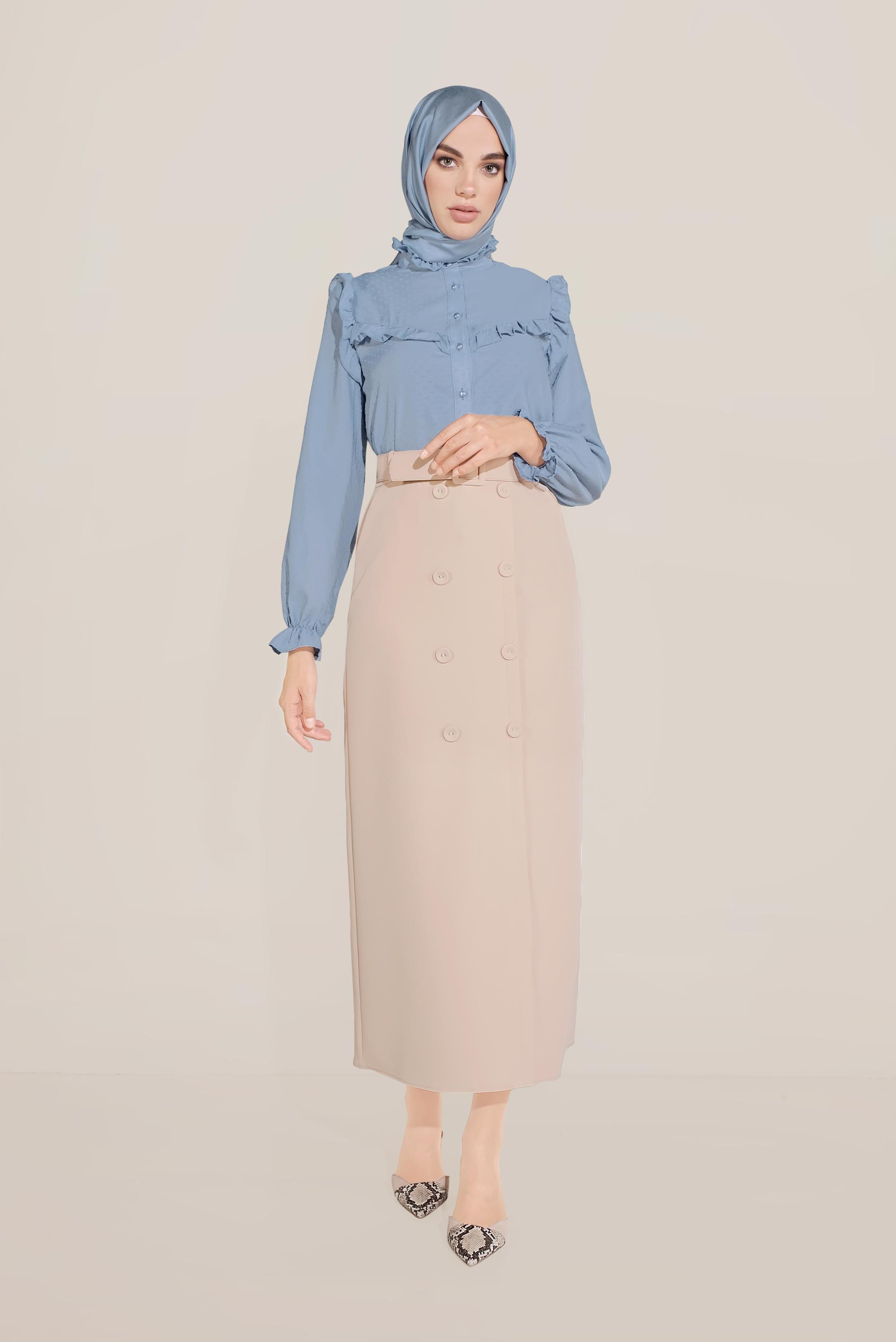 Tesettür giyim BEJ DÜĞME DETAYLI CEPLİ ETEK 60090