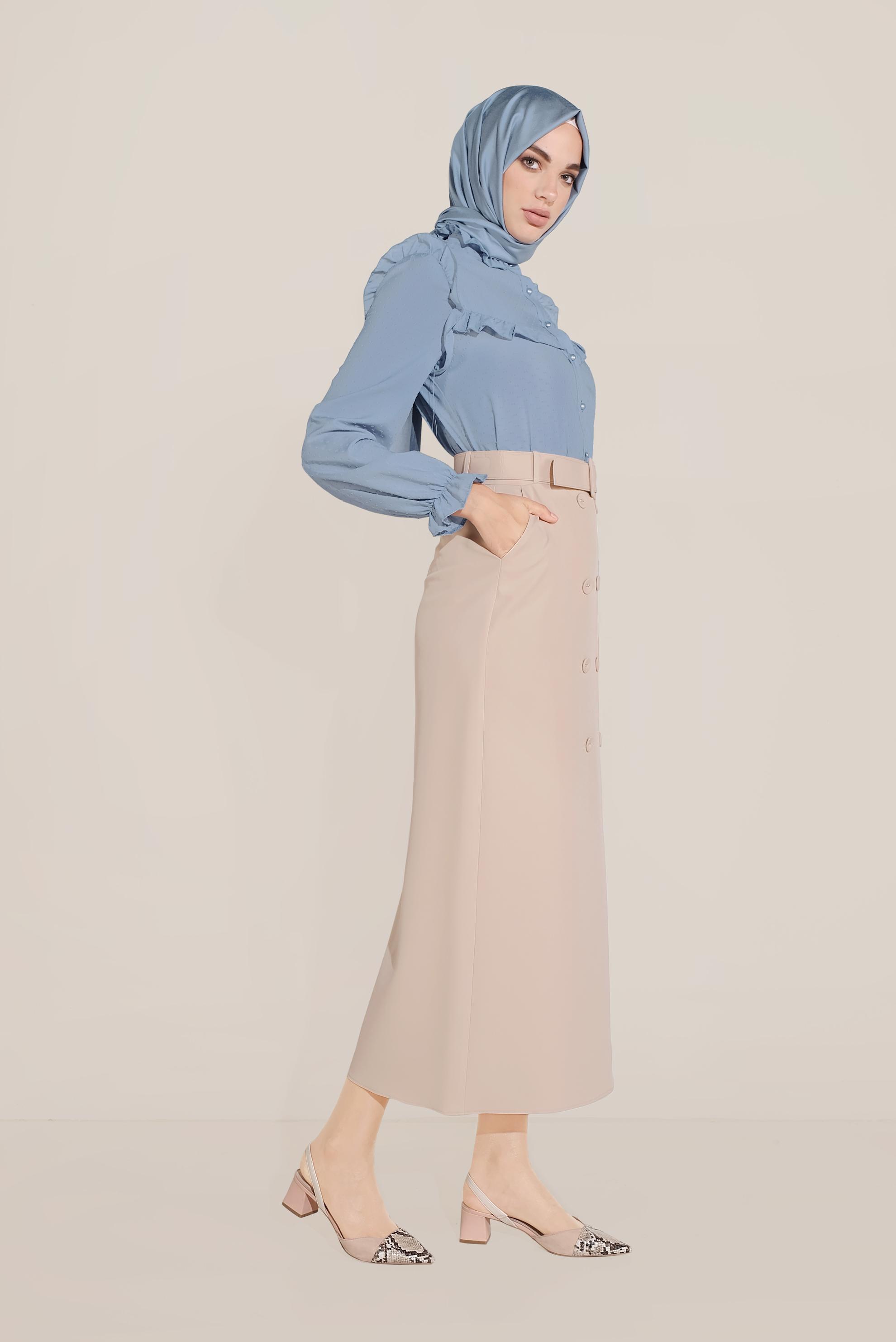 Tesettür giyim BEJ DÜĞME DETAYLI CEPLİ ETEK 60090