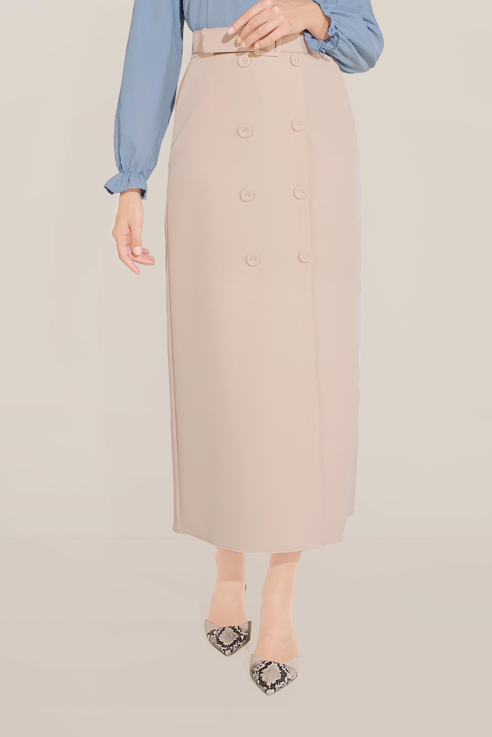 Tesettür giyim BEJ DÜĞME DETAYLI CEPLİ ETEK 60090