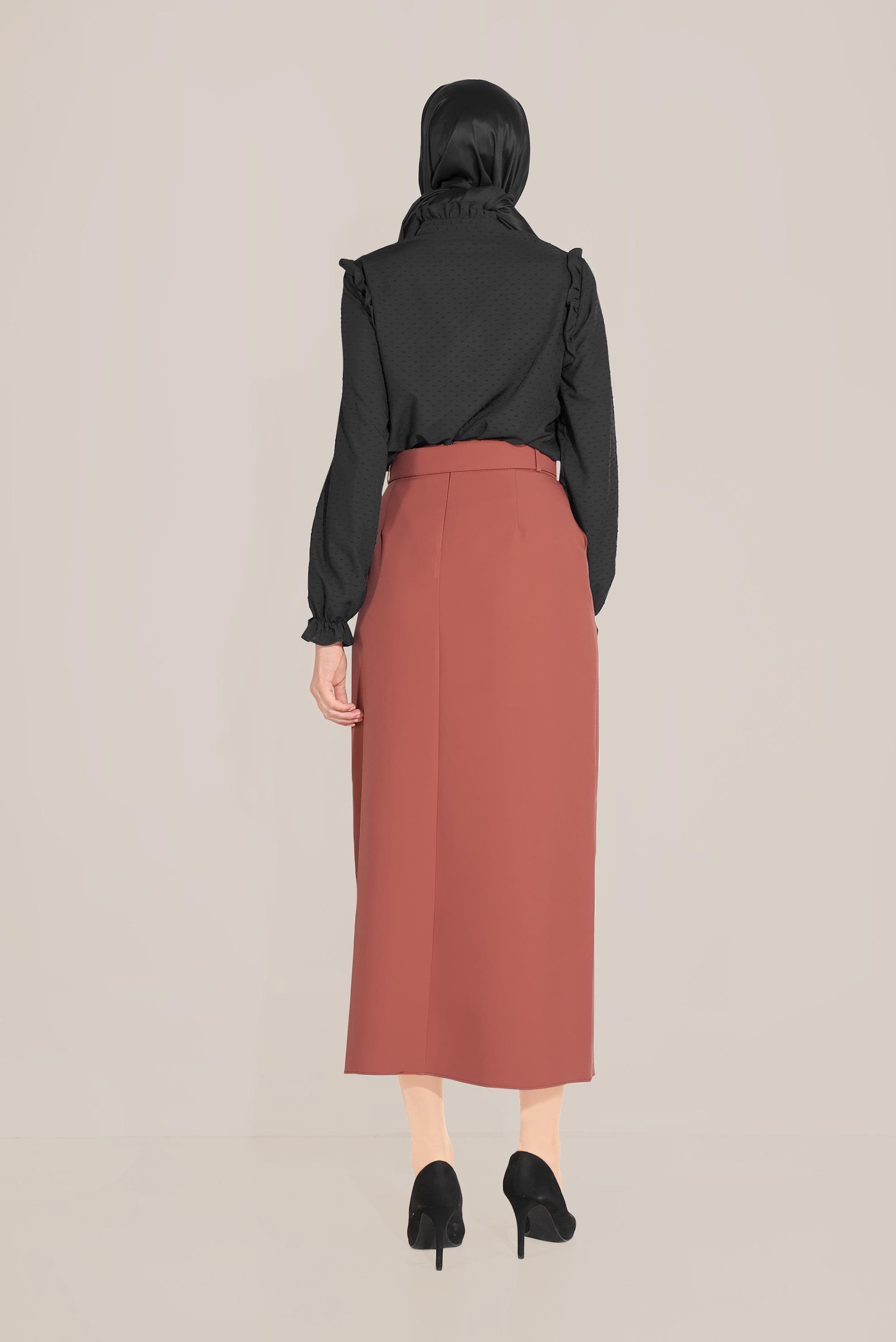 Tesettür giyim TURUNCU DÜĞME DETAYLI CEPLİ ETEK 60090