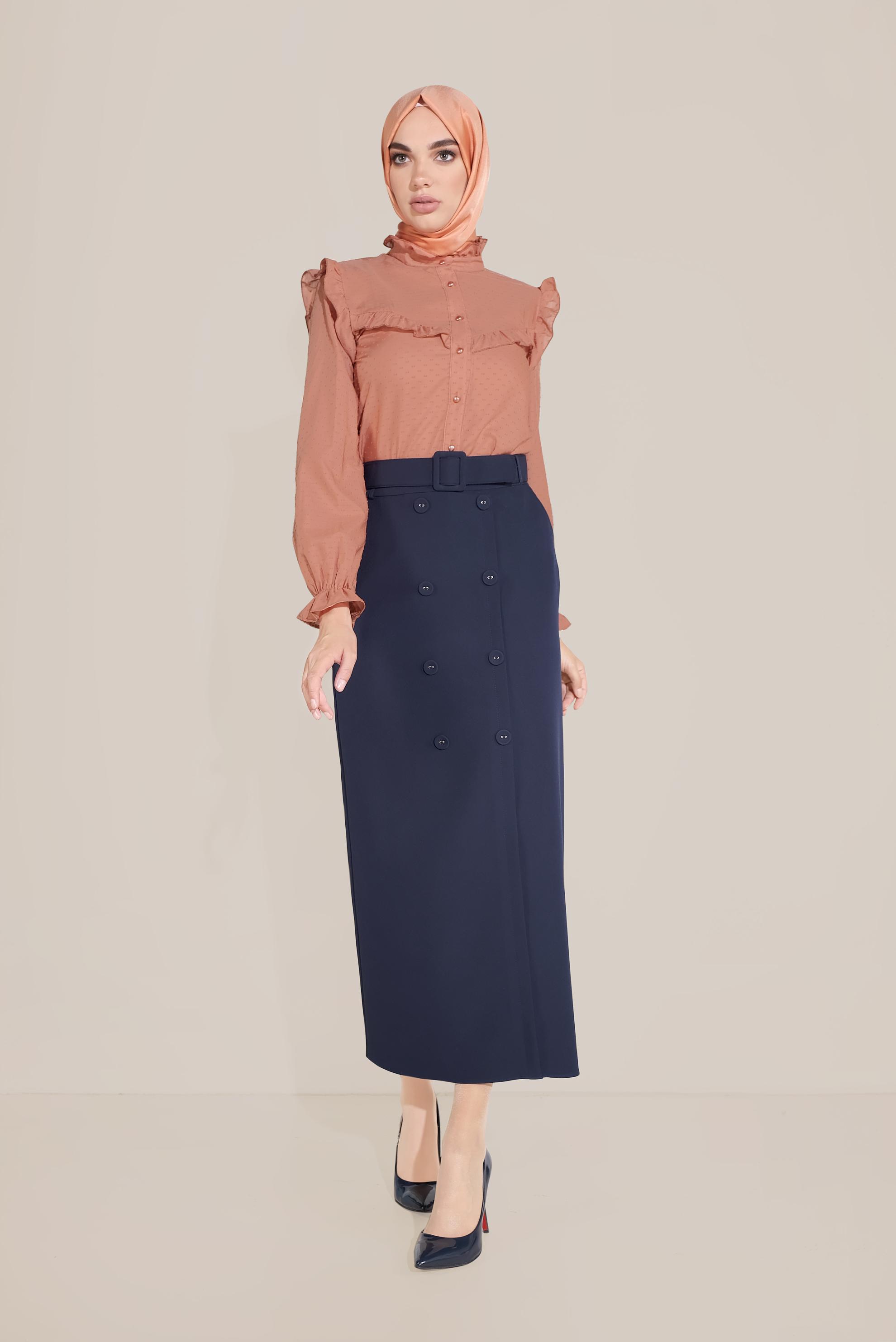 Tesettür giyim LACİVERT DÜĞME DETAYLI CEPLİ ETEK 60090