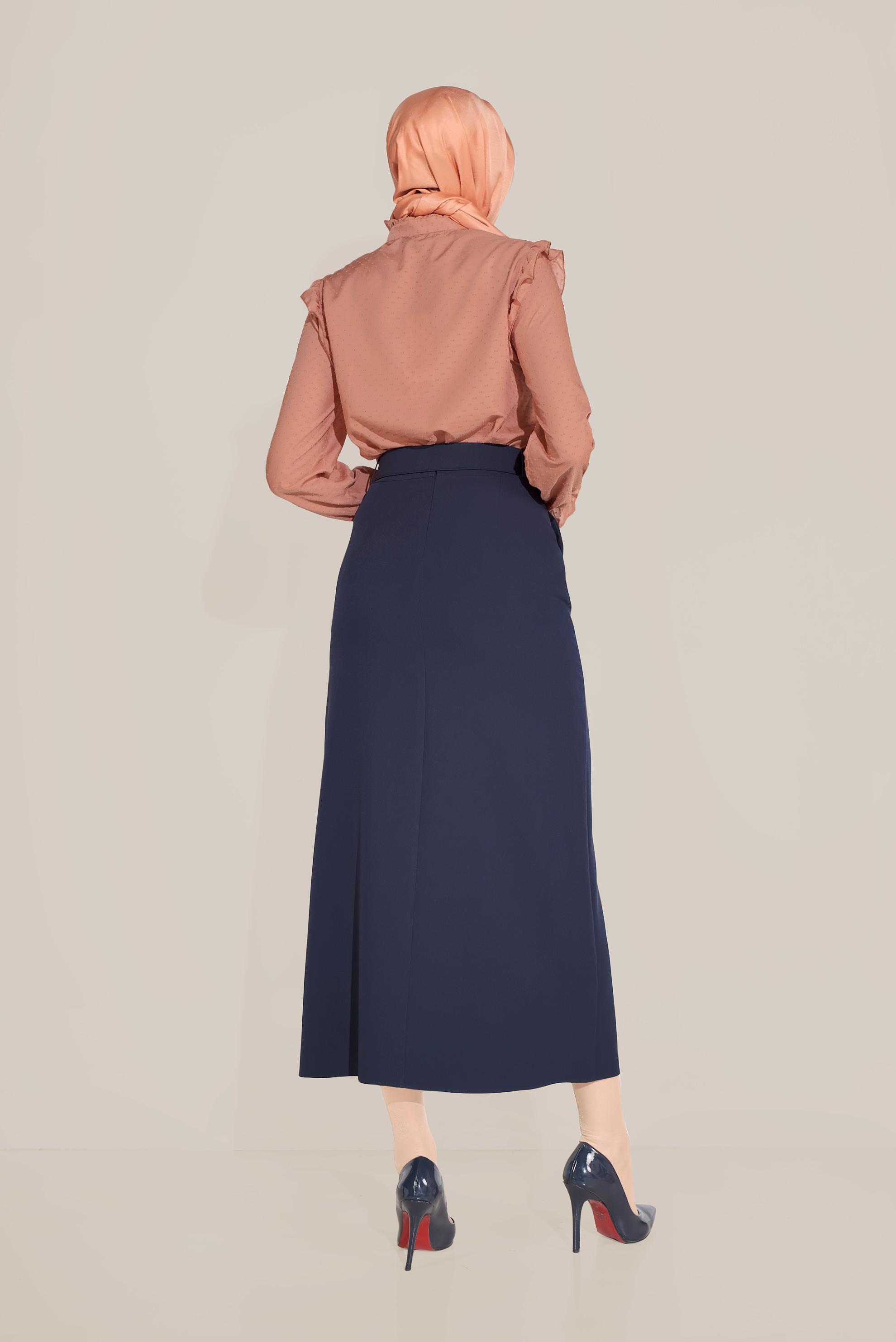 Tesettür giyim LACİVERT DÜĞME DETAYLI CEPLİ ETEK 60090