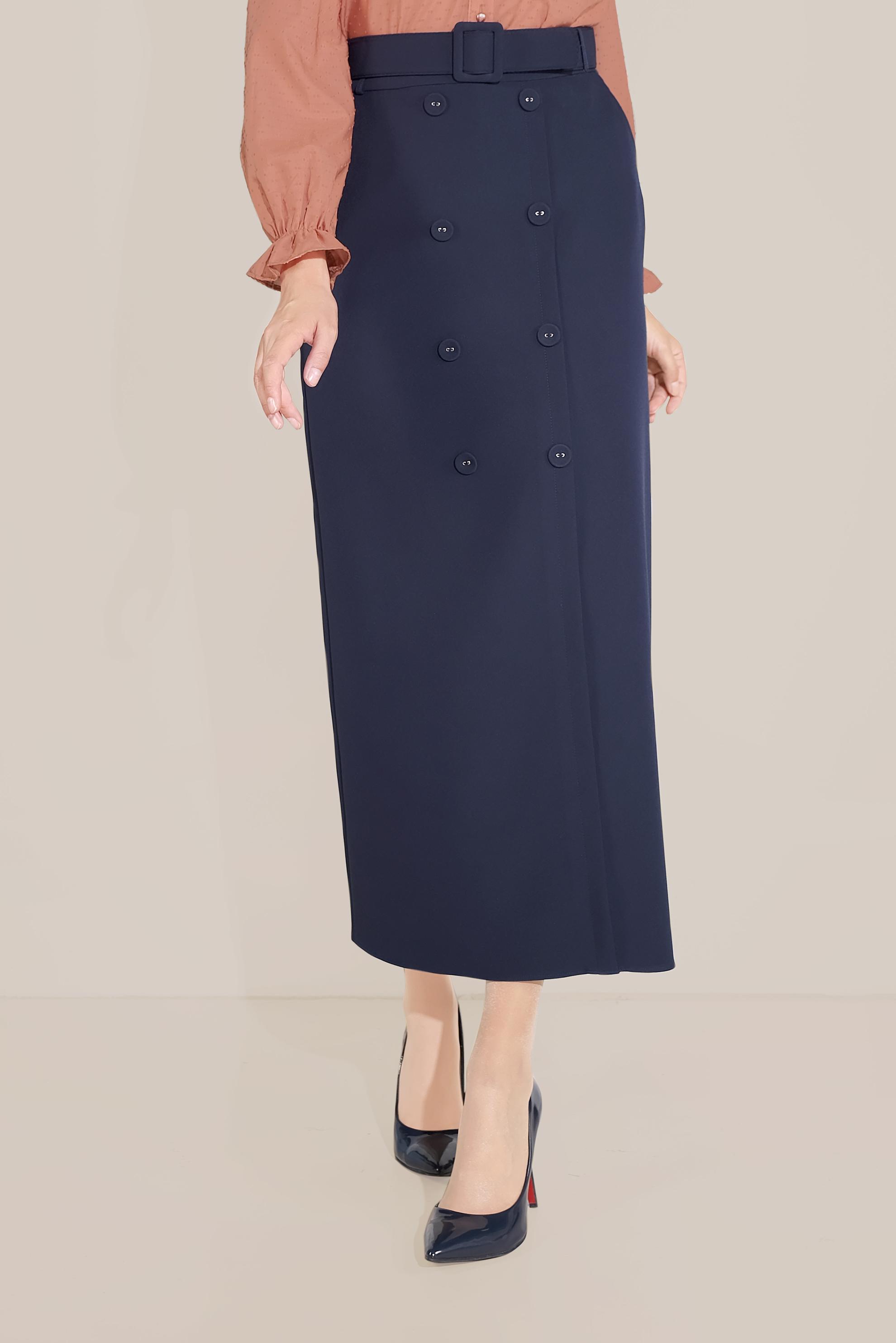 Tesettür giyim LACİVERT DÜĞME DETAYLI CEPLİ ETEK 60090