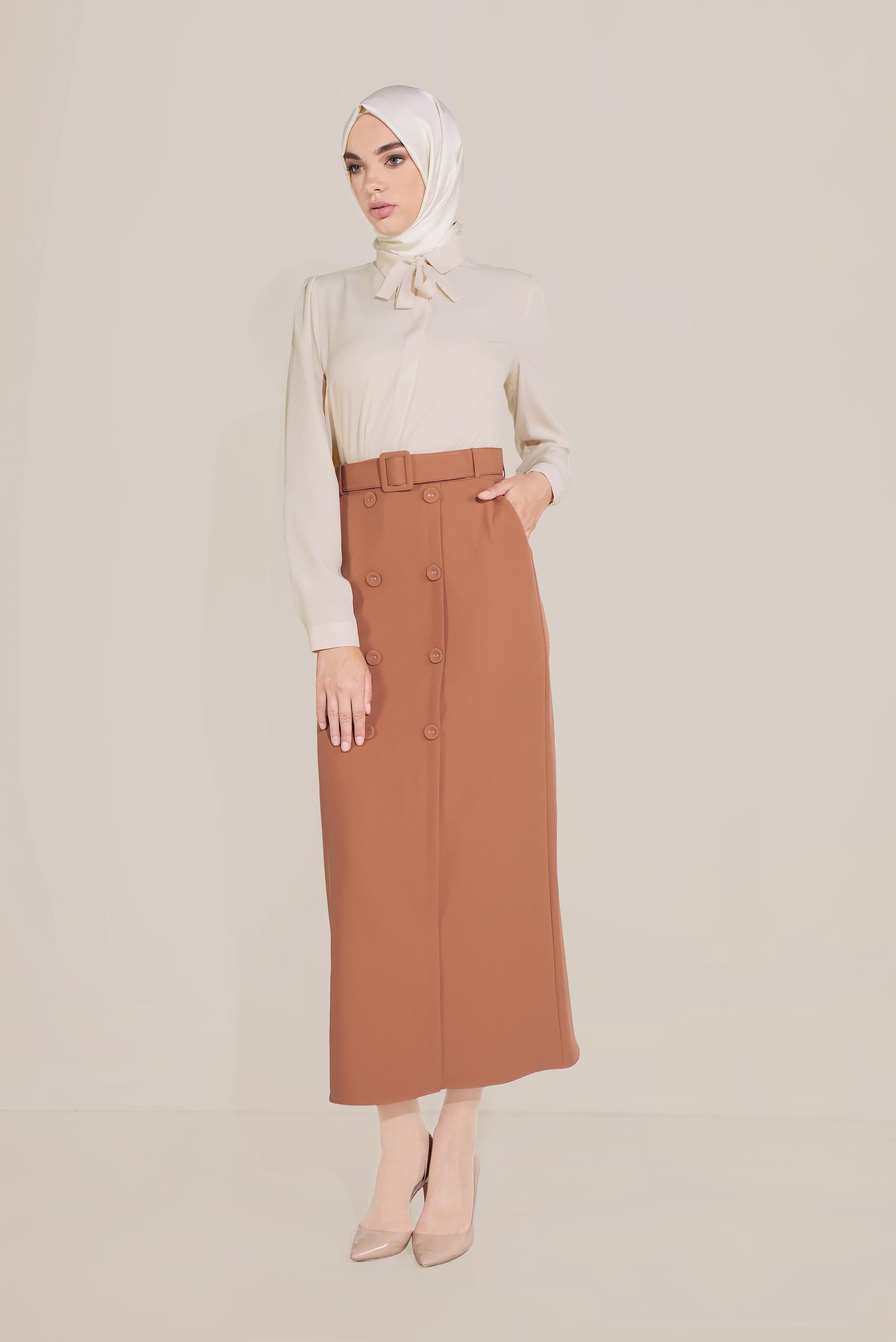 Tesettür giyim TABA DÜĞME DETAYLI CEPLİ ETEK 60090