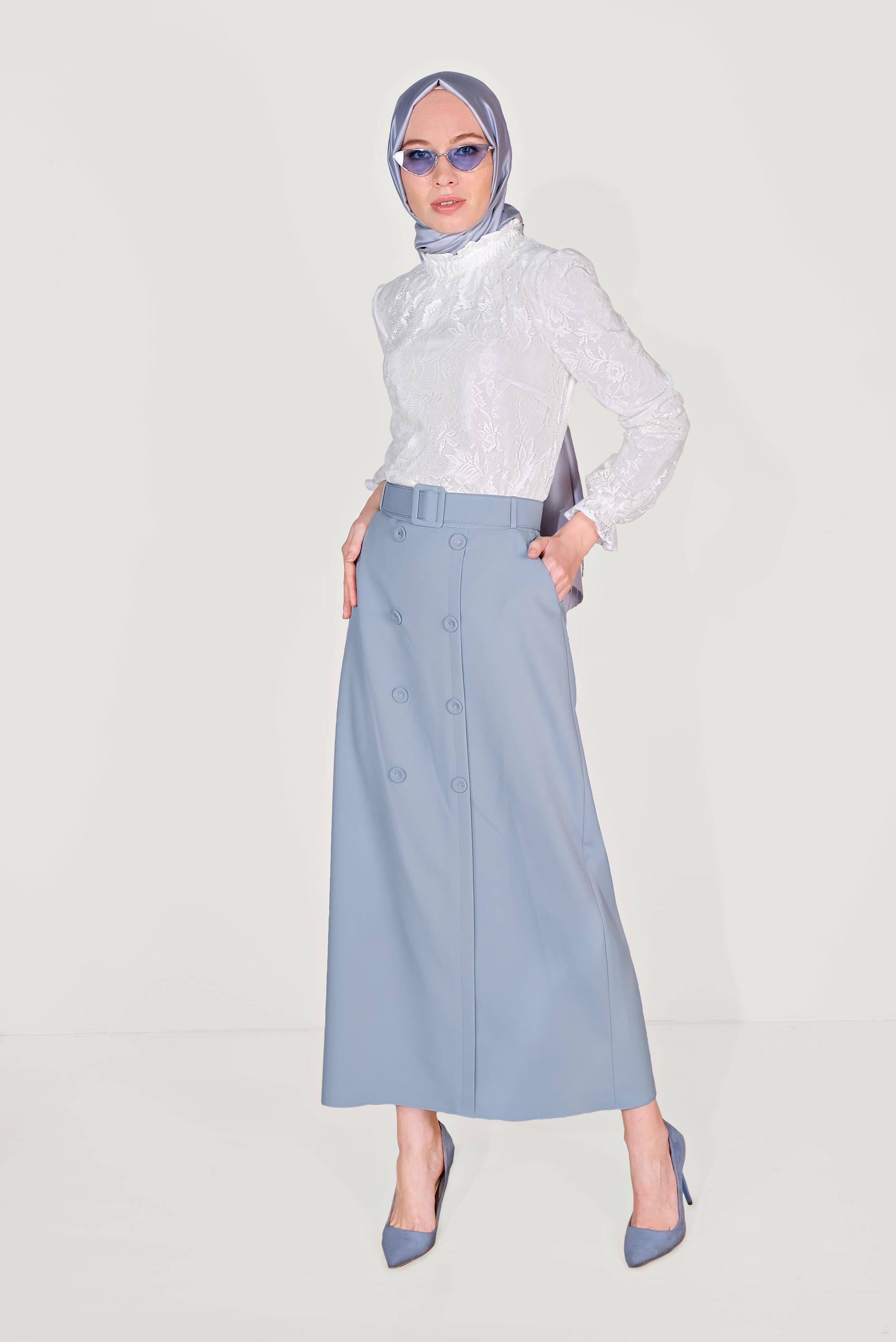 Tesettür giyim MAVİ DÜĞME DETAYLI CEPLİ ETEK 60090