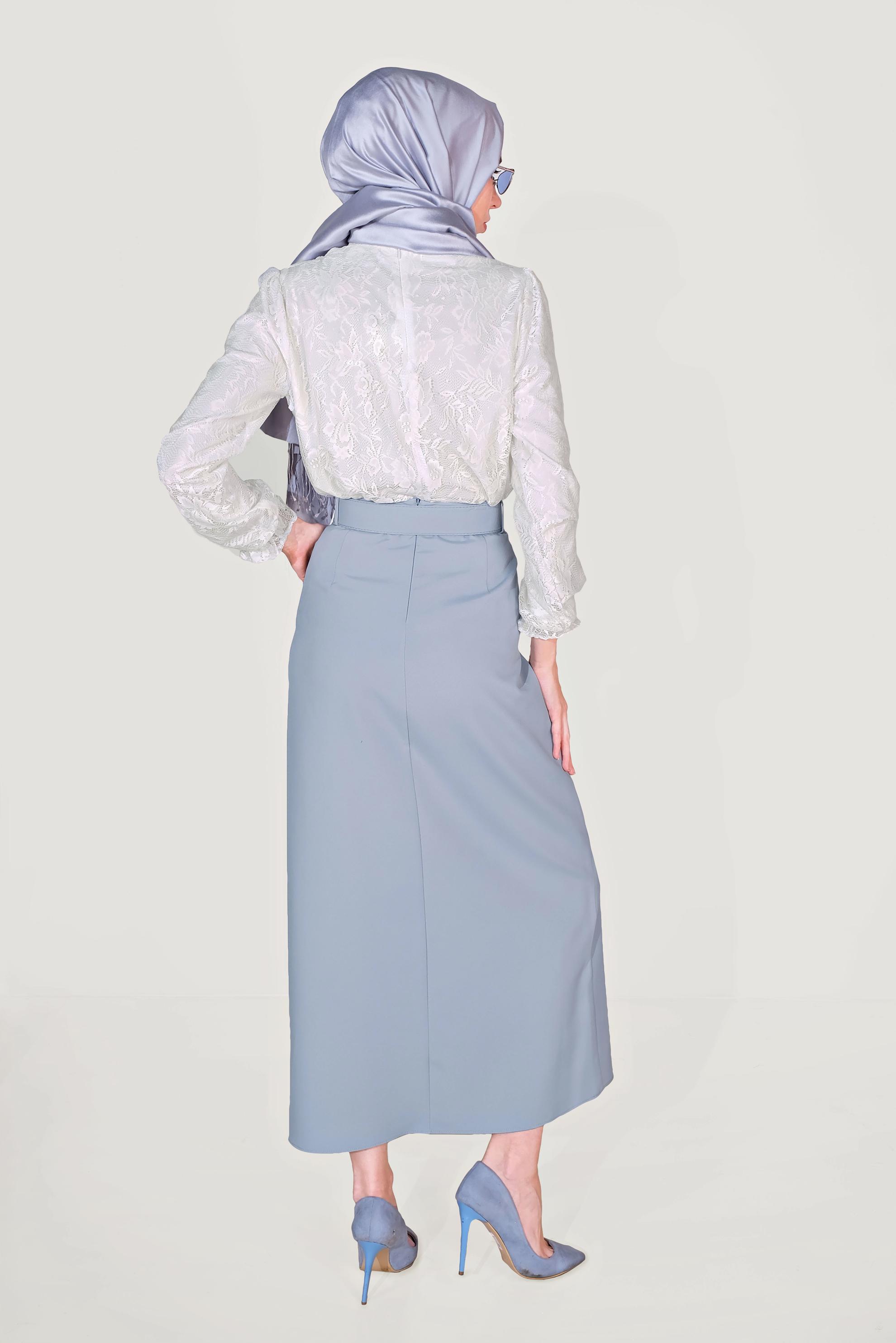 Tesettür giyim MAVİ DÜĞME DETAYLI CEPLİ ETEK 60090