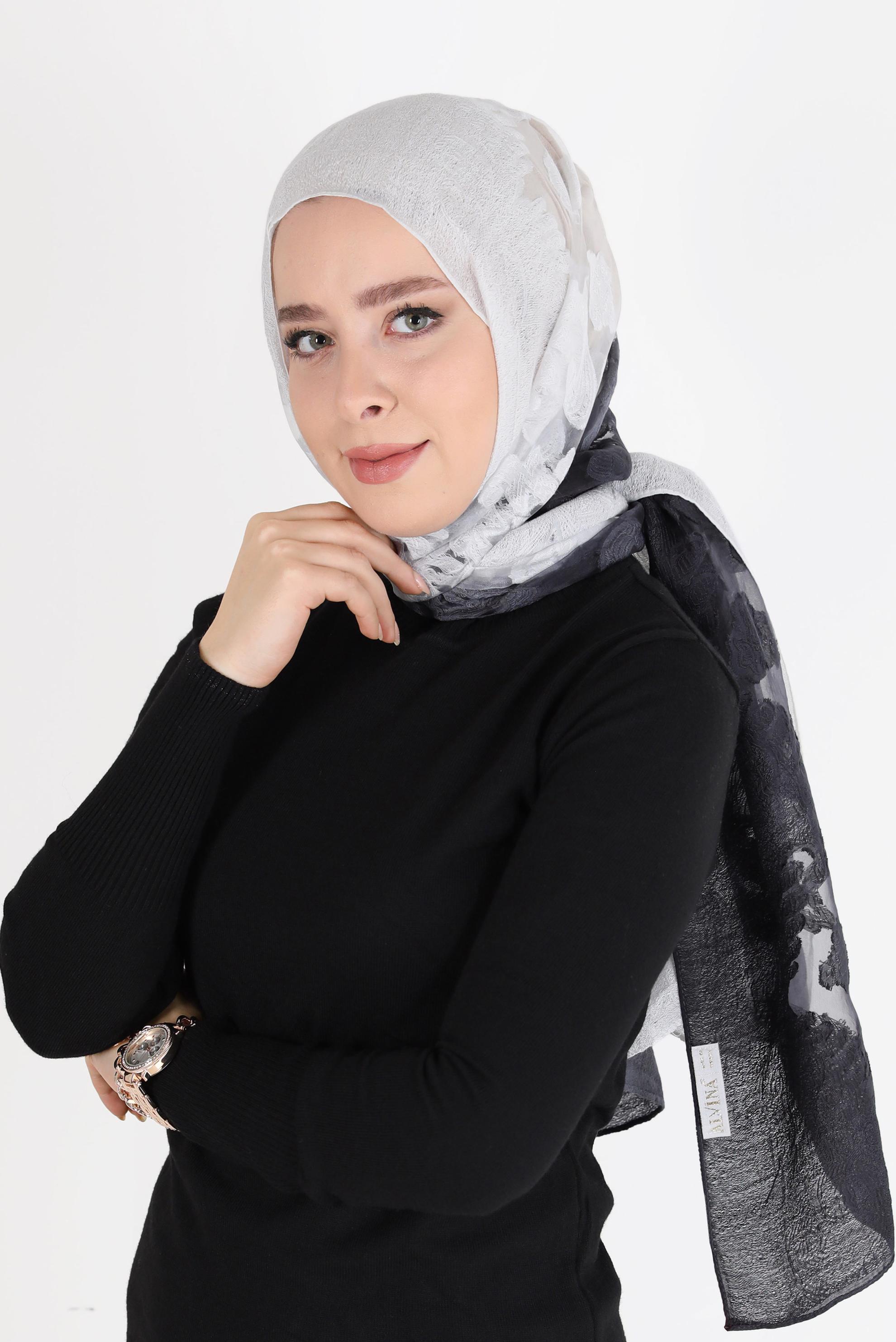 Tesettür giyim SİYAH ALVİNA DESENLİ ŞAL 8042 