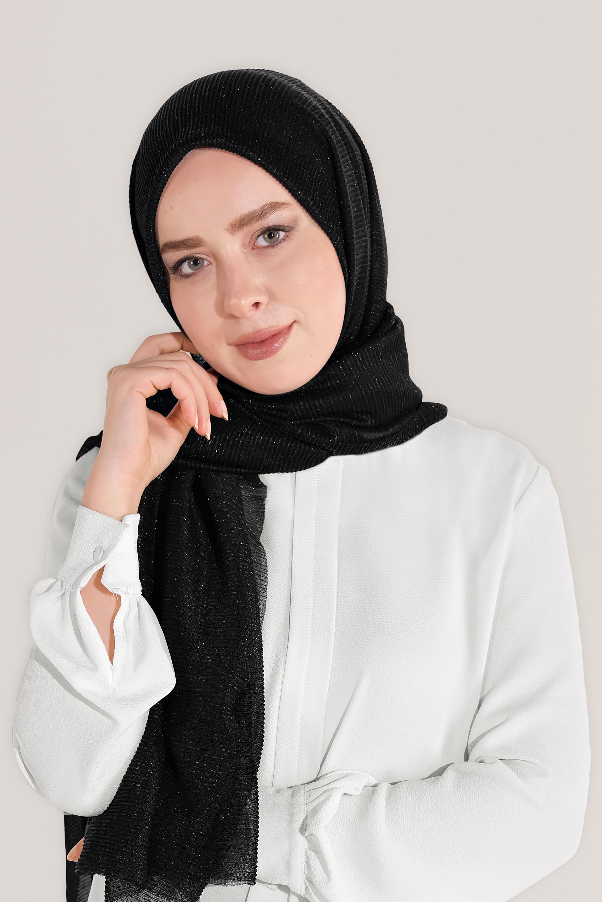 Tesettür giyim SİYAH 8071 ALVİNA  SİMLİ PİLİSELİ ŞAL