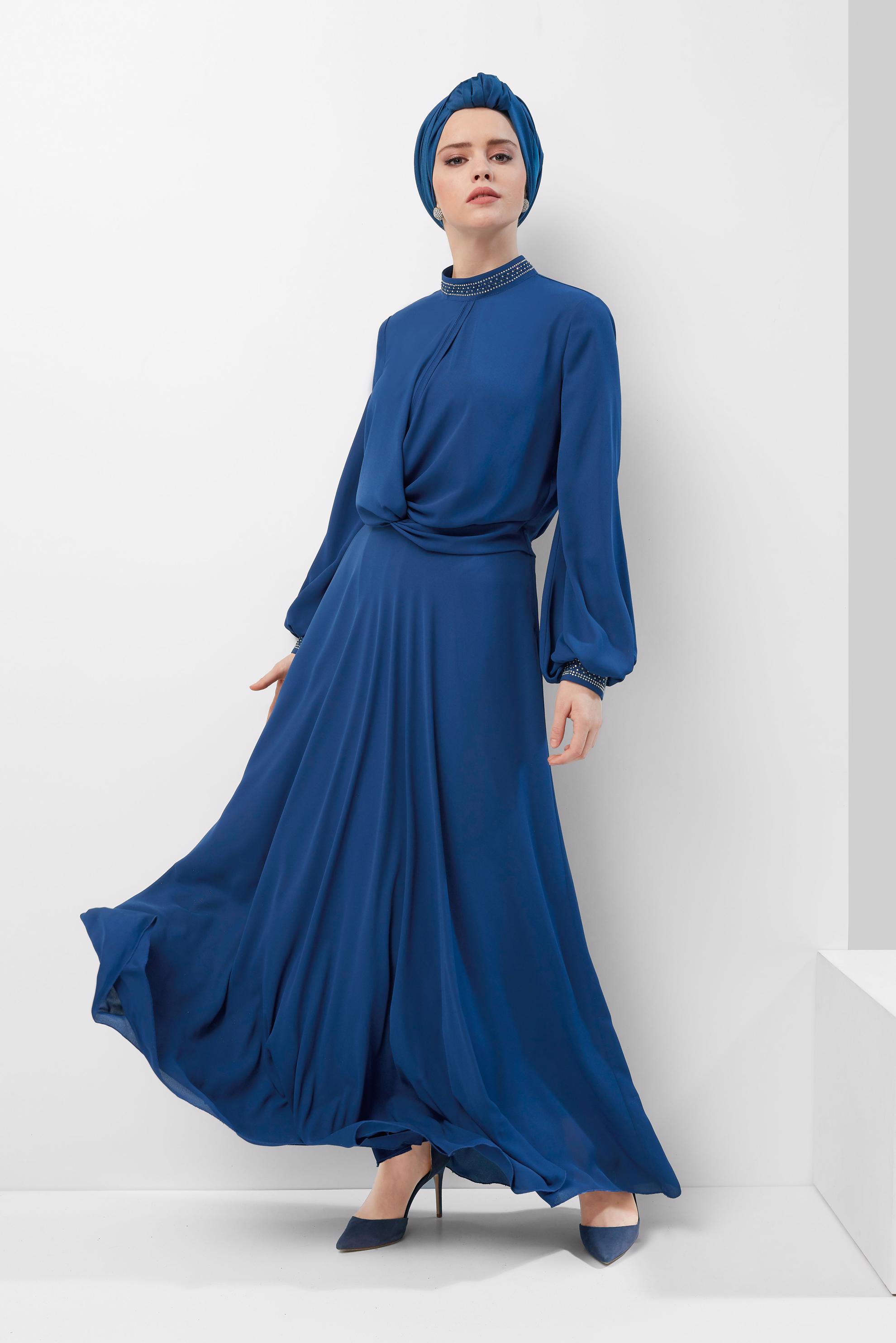 Hijab clothing NAVY BLUE STONED CHIFFON SKIRTED SUIT 30016 