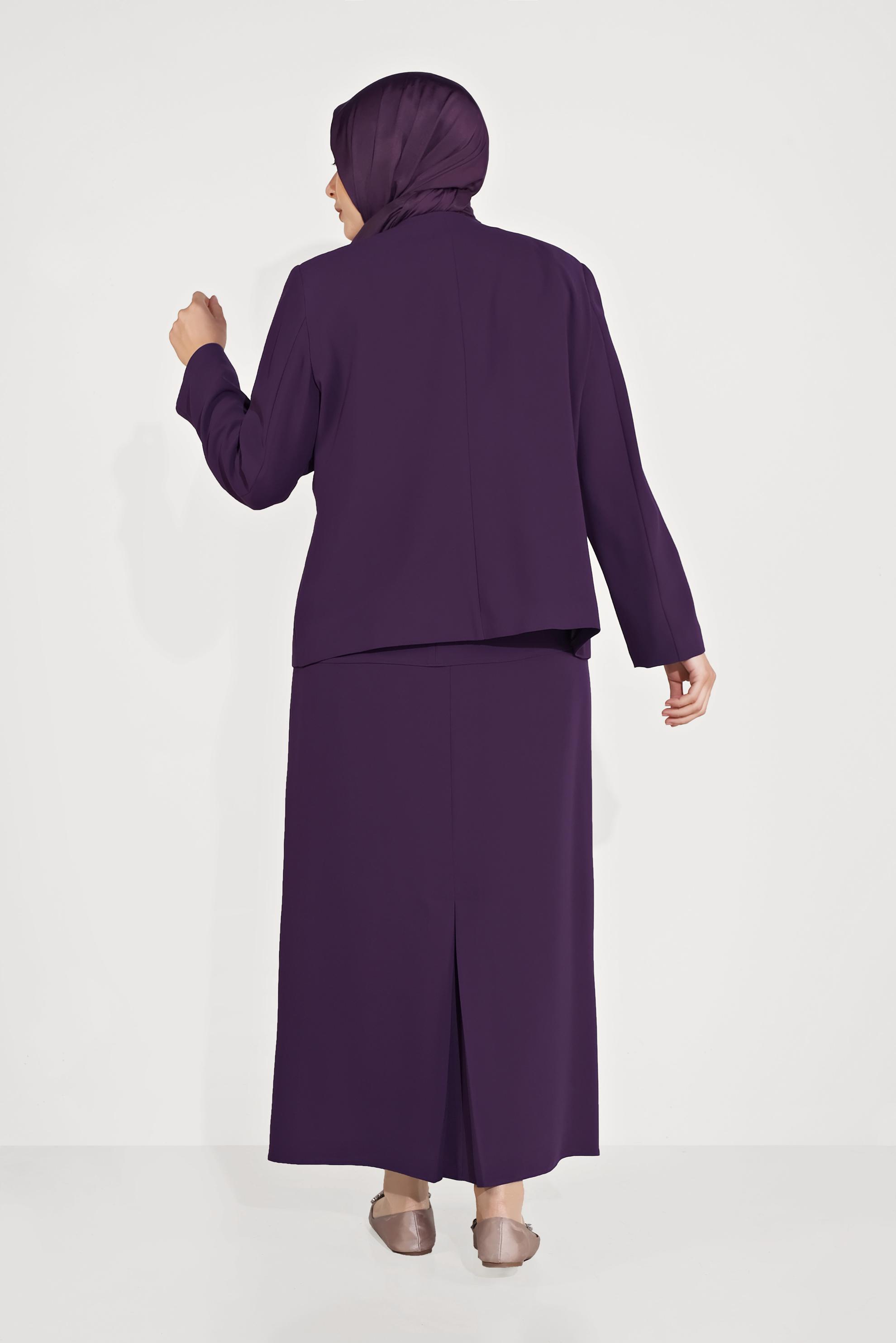 Tesettür giyim MOR TAŞLI NAKIŞLI ÜÇLÜ ETEKLİ TAKIM 30032