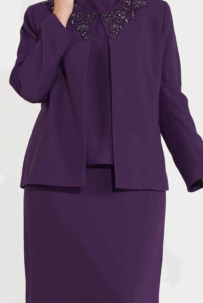 Tesettür giyim MOR TAŞLI NAKIŞLI ÜÇLÜ ETEKLİ TAKIM 30032 - ALVİNA